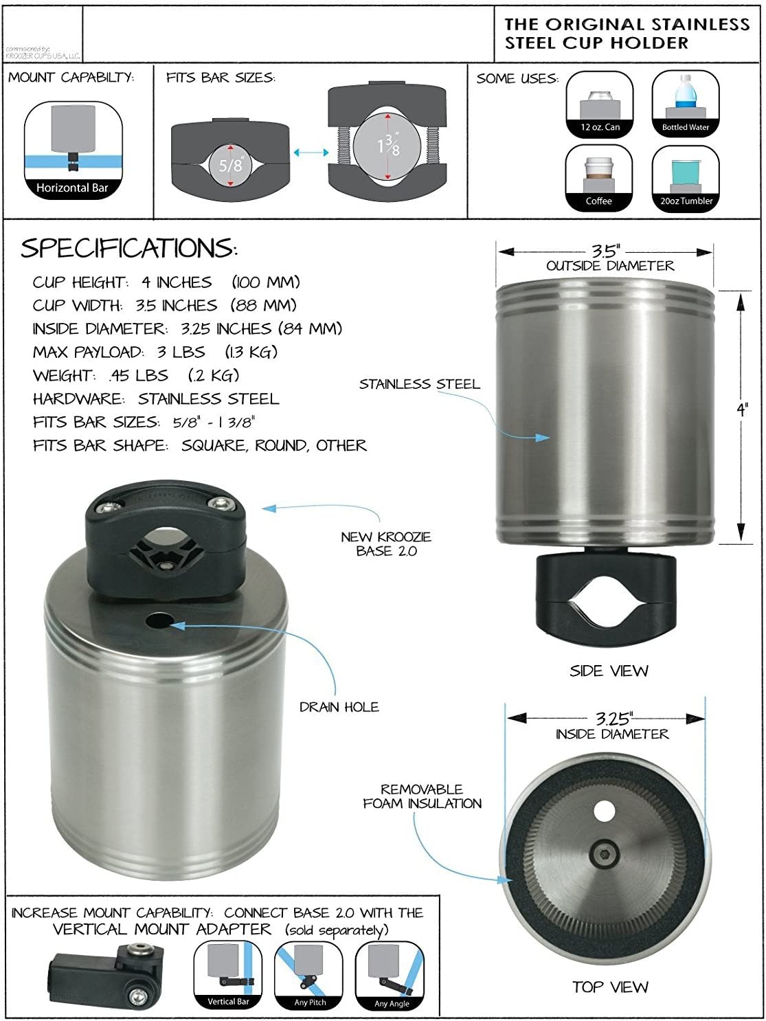 Kroozie 2.0 Bike Cup Holder - The Ultimate Bicycle Cup Holder for Cruiser, Electric, and Kids Bikes - Adjustable Handlebar Mounted Drink Holder for Yeti, Coffee, Water Bottle, and More