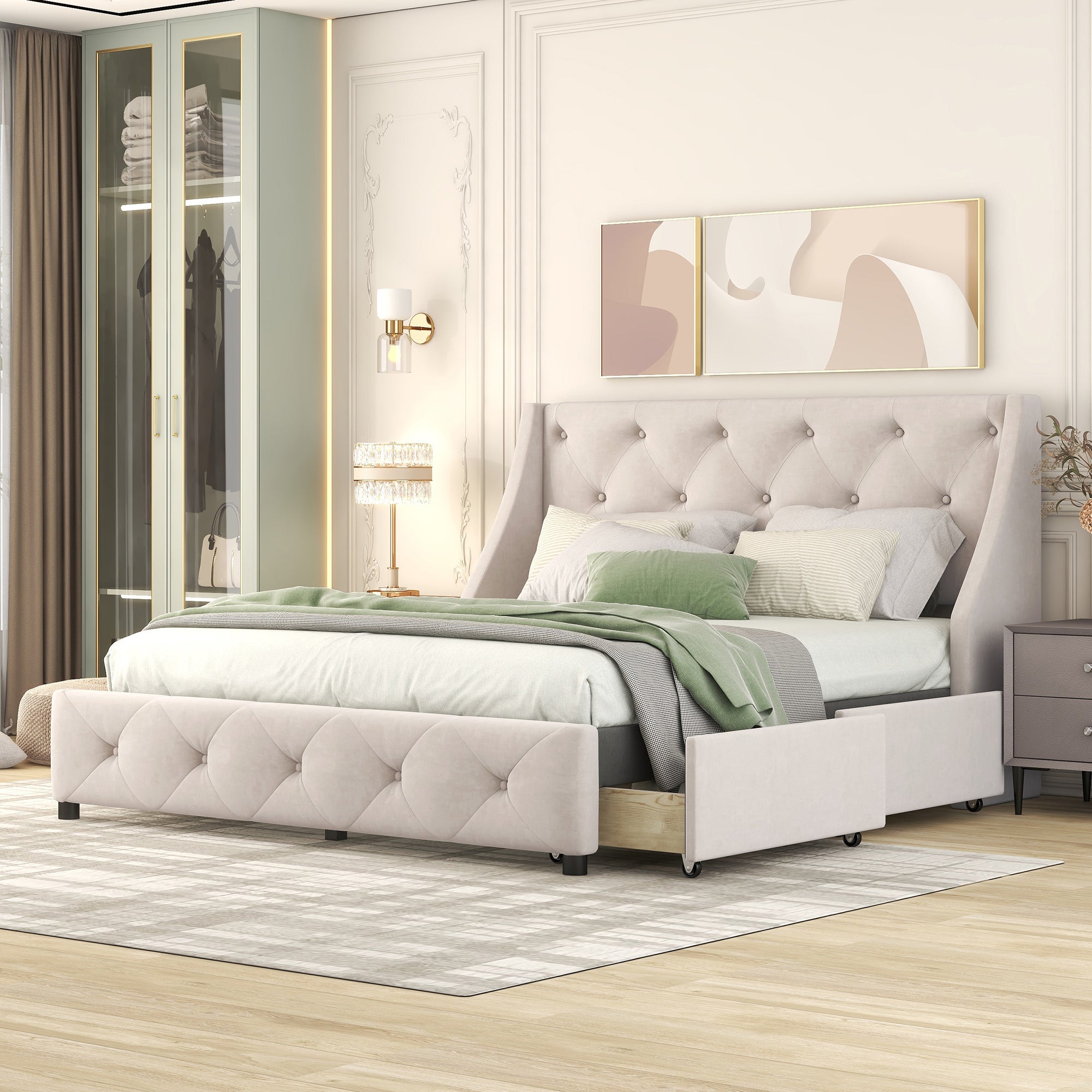 Jamu Queen Size Platform Bed with Wingback Headboard - Beige