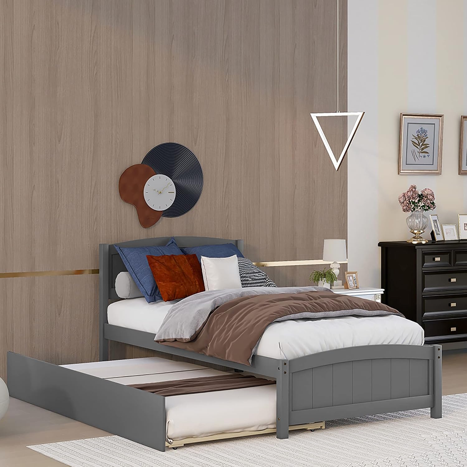 Platform Bed With Trundle, Solid Wood Daybed Sofa Bed Frame For Kids Teens Guests Bedroom Living Room Furniture, No Box Spring Needed ( Size, Gray)