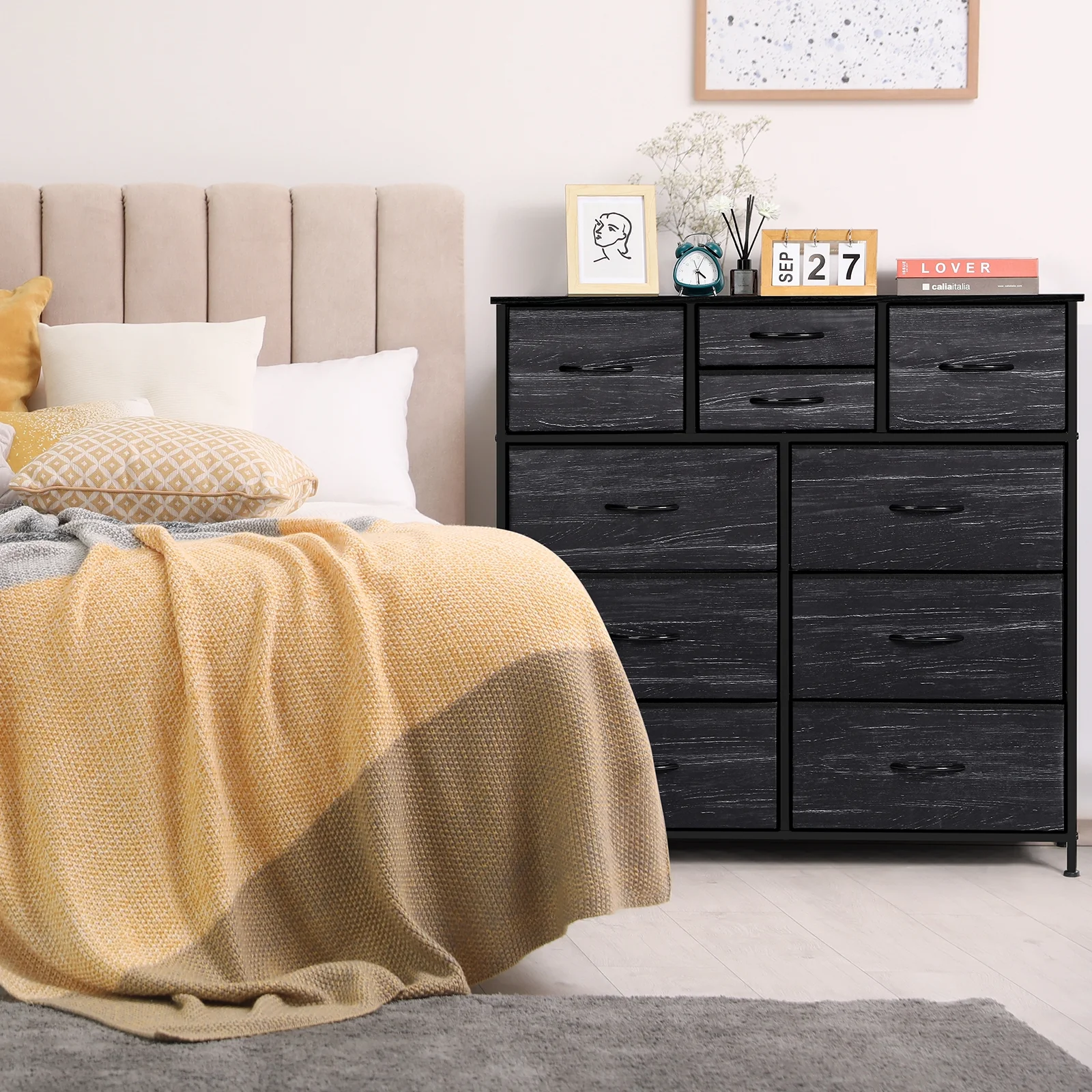 Dresser with 10 Fabric Drawers Small Chest of Drawers, Black
