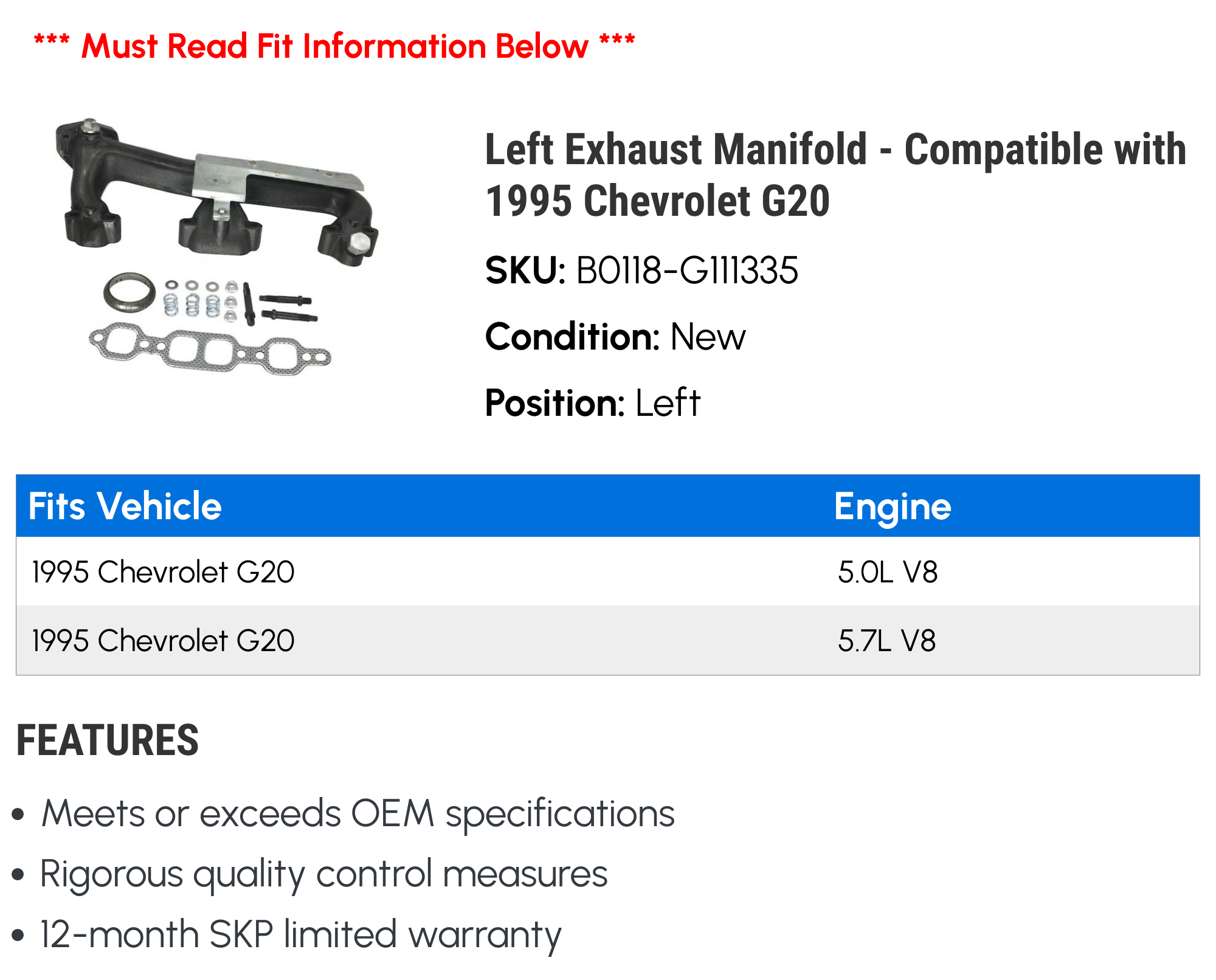 Left Exhaust Manifold - Compatible with 1995 Chevy G20