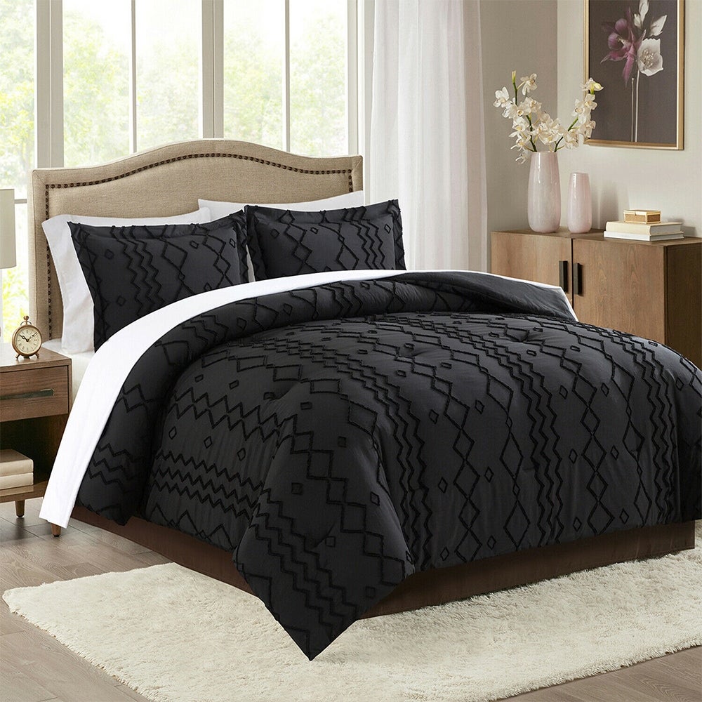 3PCS Tufted Comforter Boho Shabby Chic Geometry Queen Black