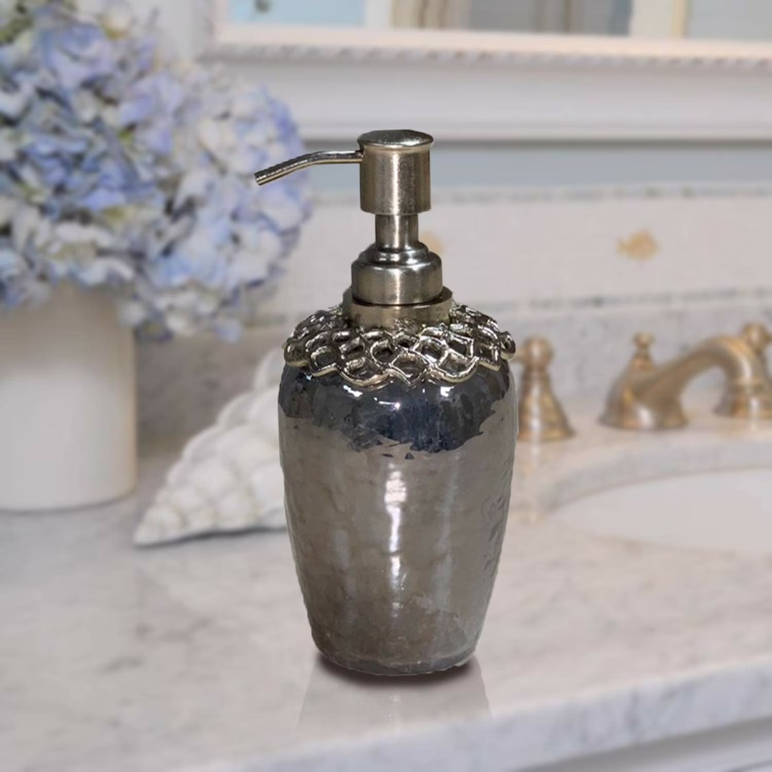 Soap Dispenser - Decorative Gold Finish Design and Textured Black Luster Rust Proof Smooth Action Pump Refillable for Lotions, Essential Oils, Bathroom Decor, Kitchen, Countertop, Housewarming Gift