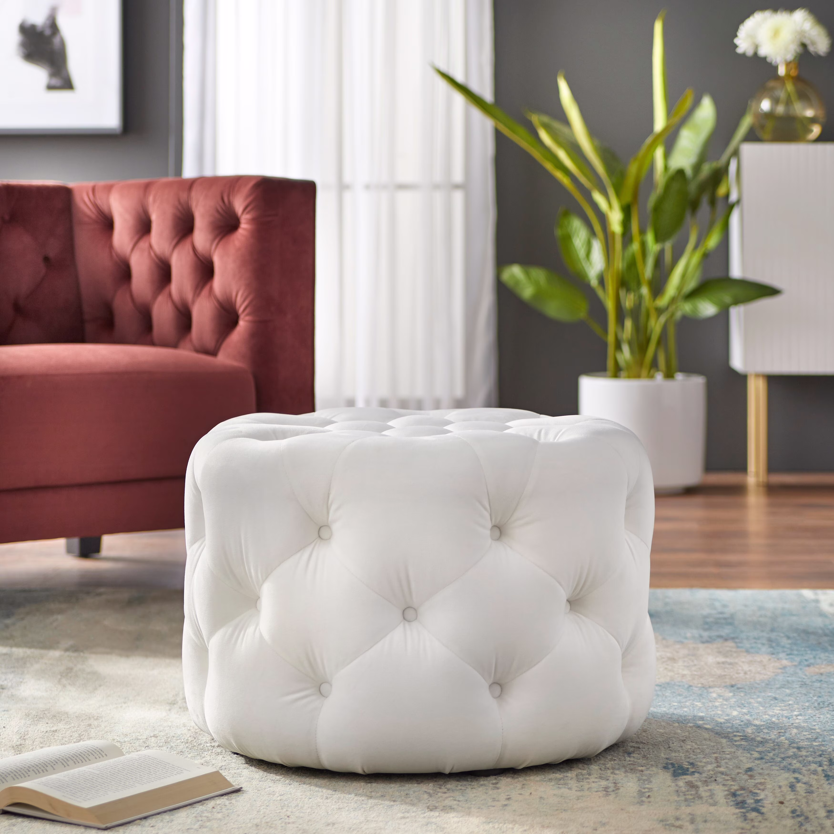 TMS Scopi 24” Round Tufted Ottoman, White Velvet