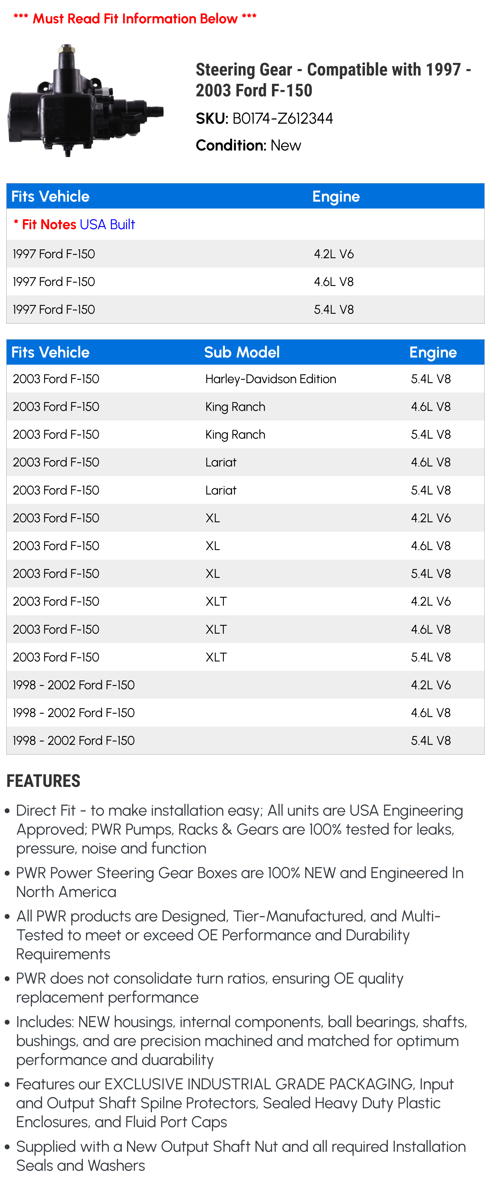 Steering Gear - Compatible with 1997 - 2003 Ford F-150 1998 1999 2000 2001 2002