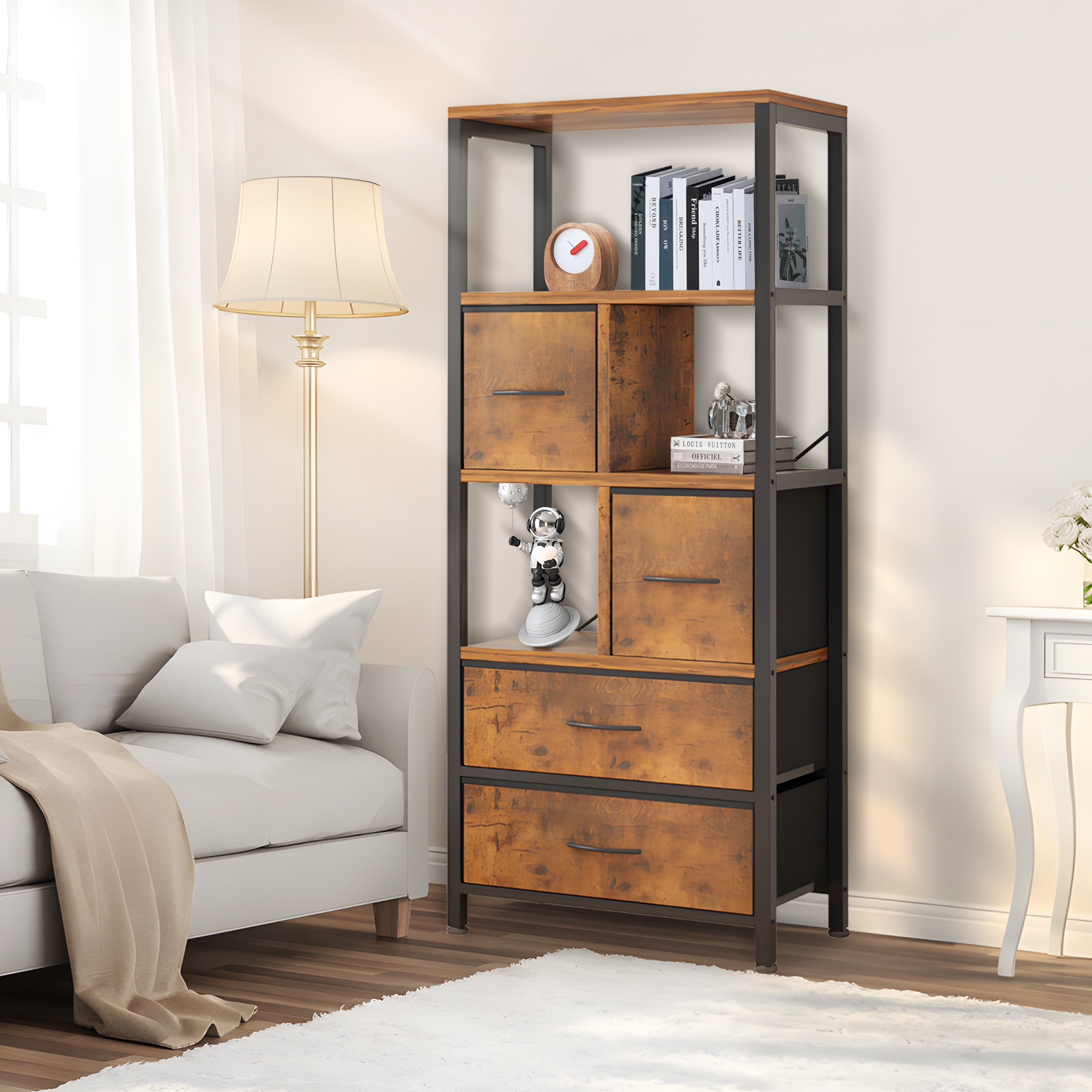 SYTHERS 5 Tier Bookshelf, Bookcase with 4 Drawers Shelves, Tall Book Shelf Book Case for Home & Office, Rustic Brown