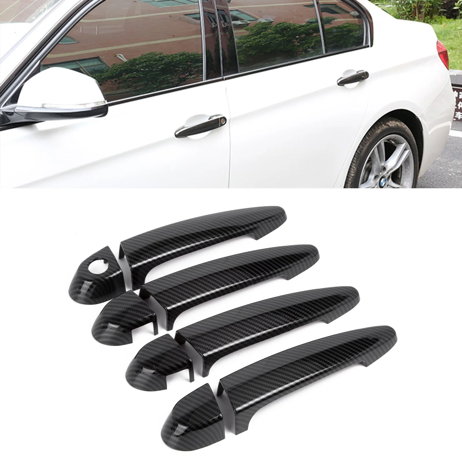 Xotic Tech Exterior Door Handle Cover Trim, Carbon Fiber Pattern, Compatible with BMW 3 Series E90 E91 Sedan X1 X2 X3 X4 X5 X6 2005-2019