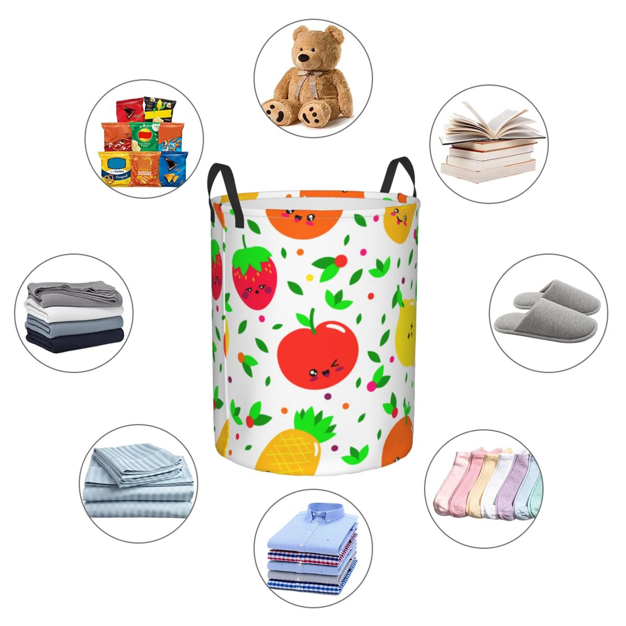 DouZhe Waterproof Collapsible Large Laundry Baskets, Cute Fruits Prints Circular Hamper with Handles