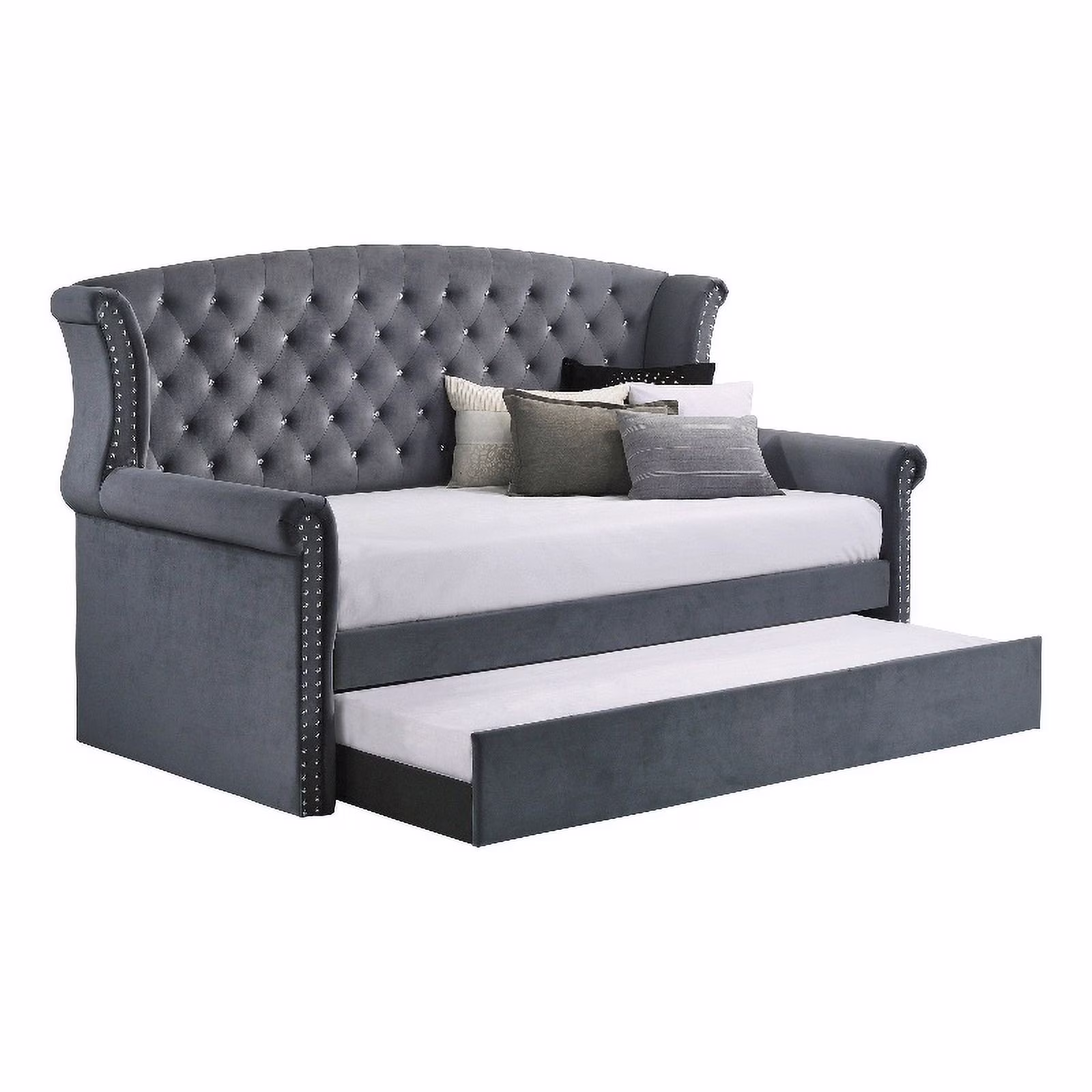 Maklaine Velvet Upholstered Tufted Twin Daybed with Trundle in Gray