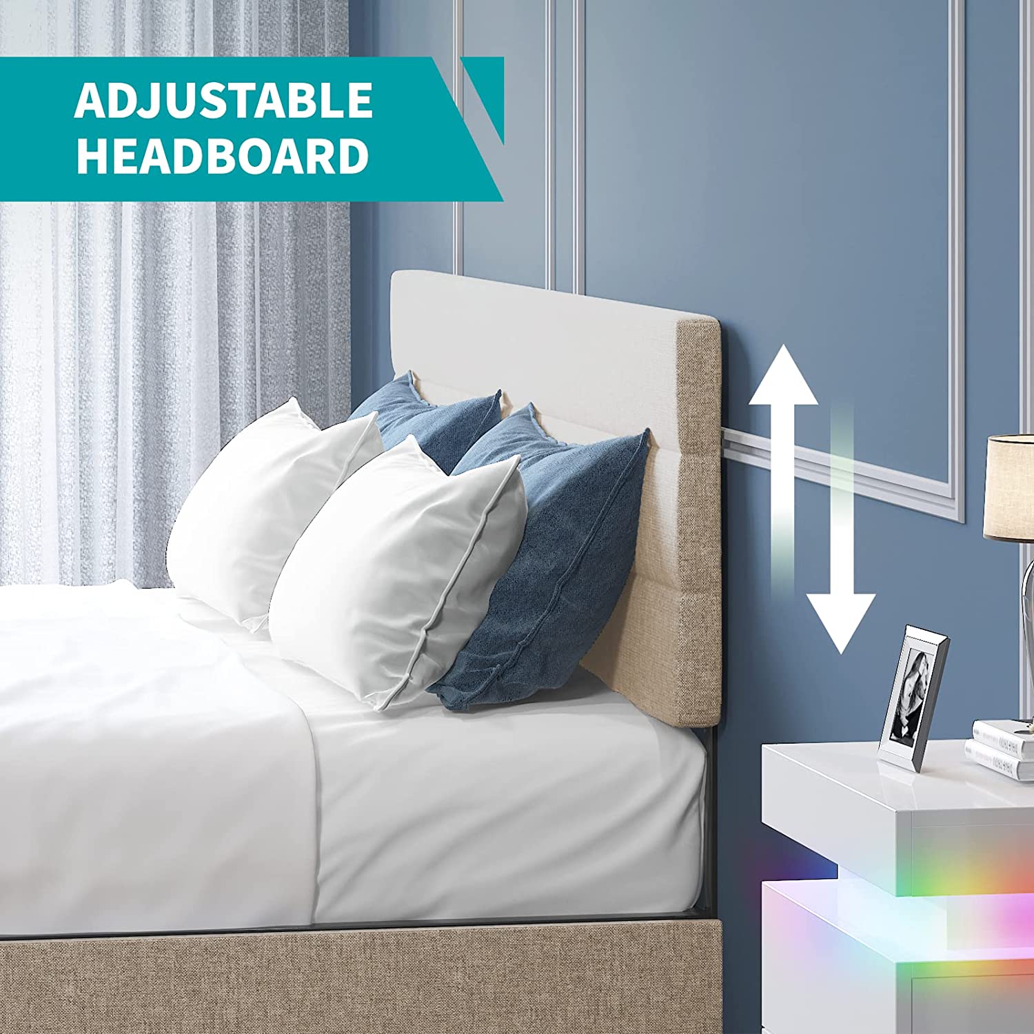 BALUS Full Bed Frame with 2 Storage Drawers, Adjustable Upholstered Headboard, No Box Spring, Sturdy Wood Slat Support, No Noise, Easy Assembly, Beige