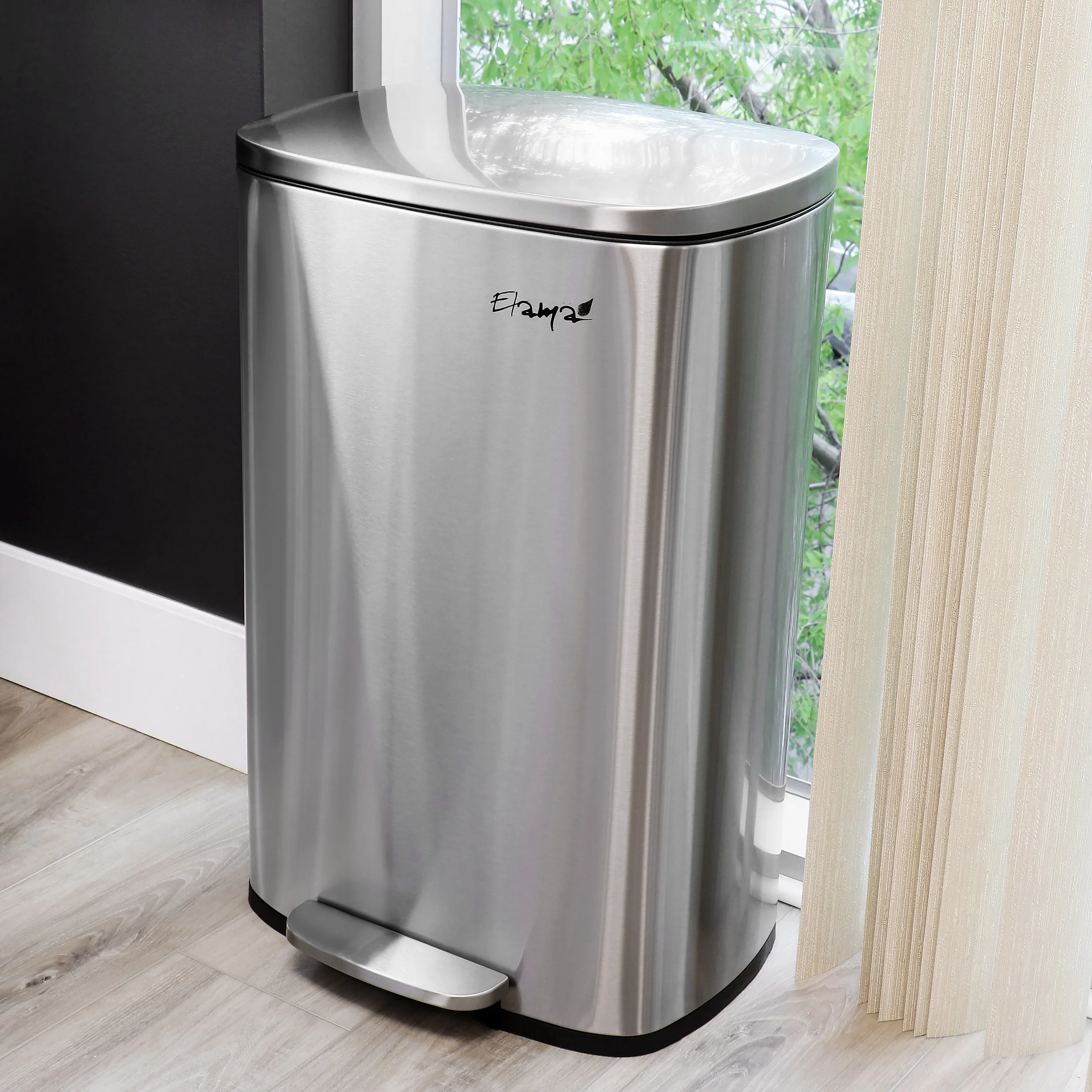 Elama 50 Liter/13 Gallon Rectangular Stainless Steel Step Trash Bin with Slow Close Mechanism in Matte Silver