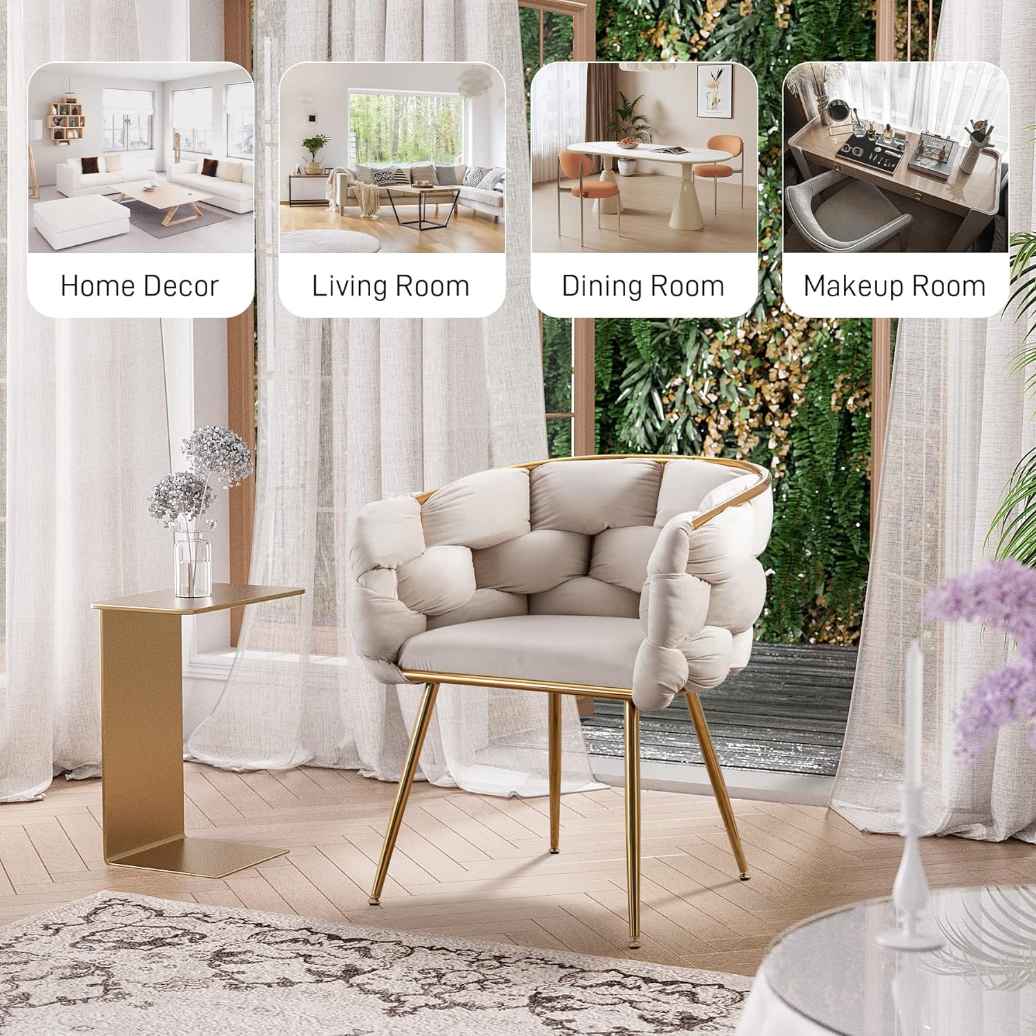 Glavbiku Luxury Modern Upholstered Velvet 1 Seat Dining Chair,Lazy Dresser Stool,Beige,Adult