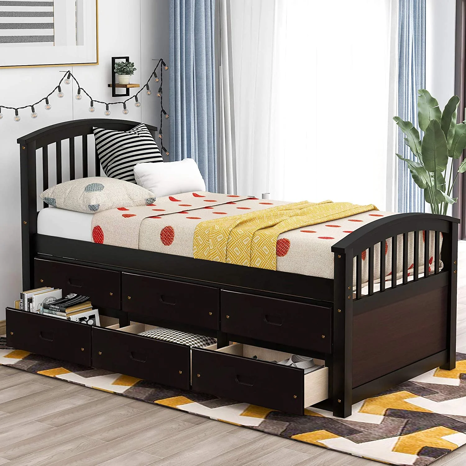 Rhomtree Twin Size Wood Platform Bed Captain Storage Bed with 6 Drawers Kids Bedroom Furniture, Espresso