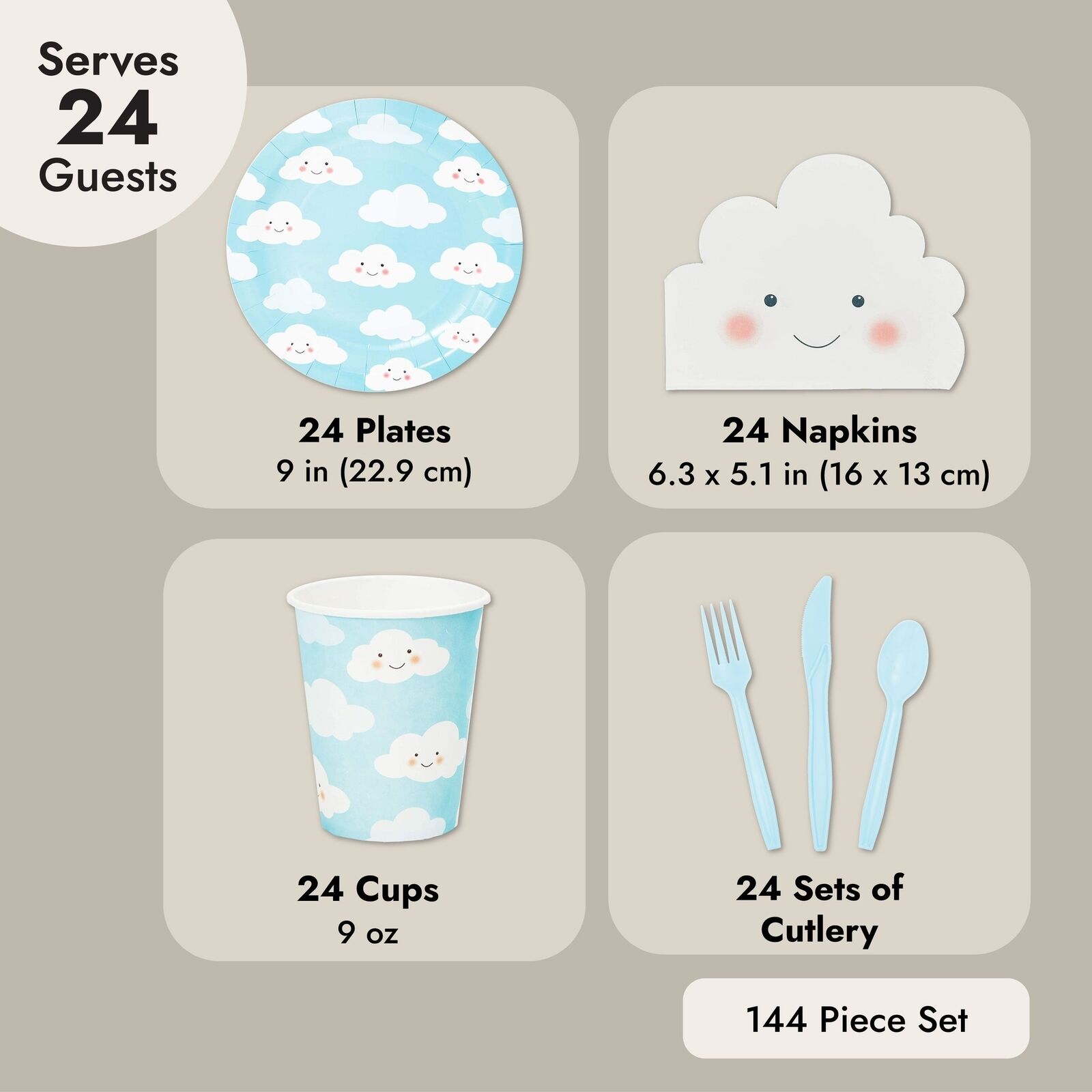 Disposable Dinnerware Set - Serves 24 - Cute Clouds Design, Kids Birthday Party