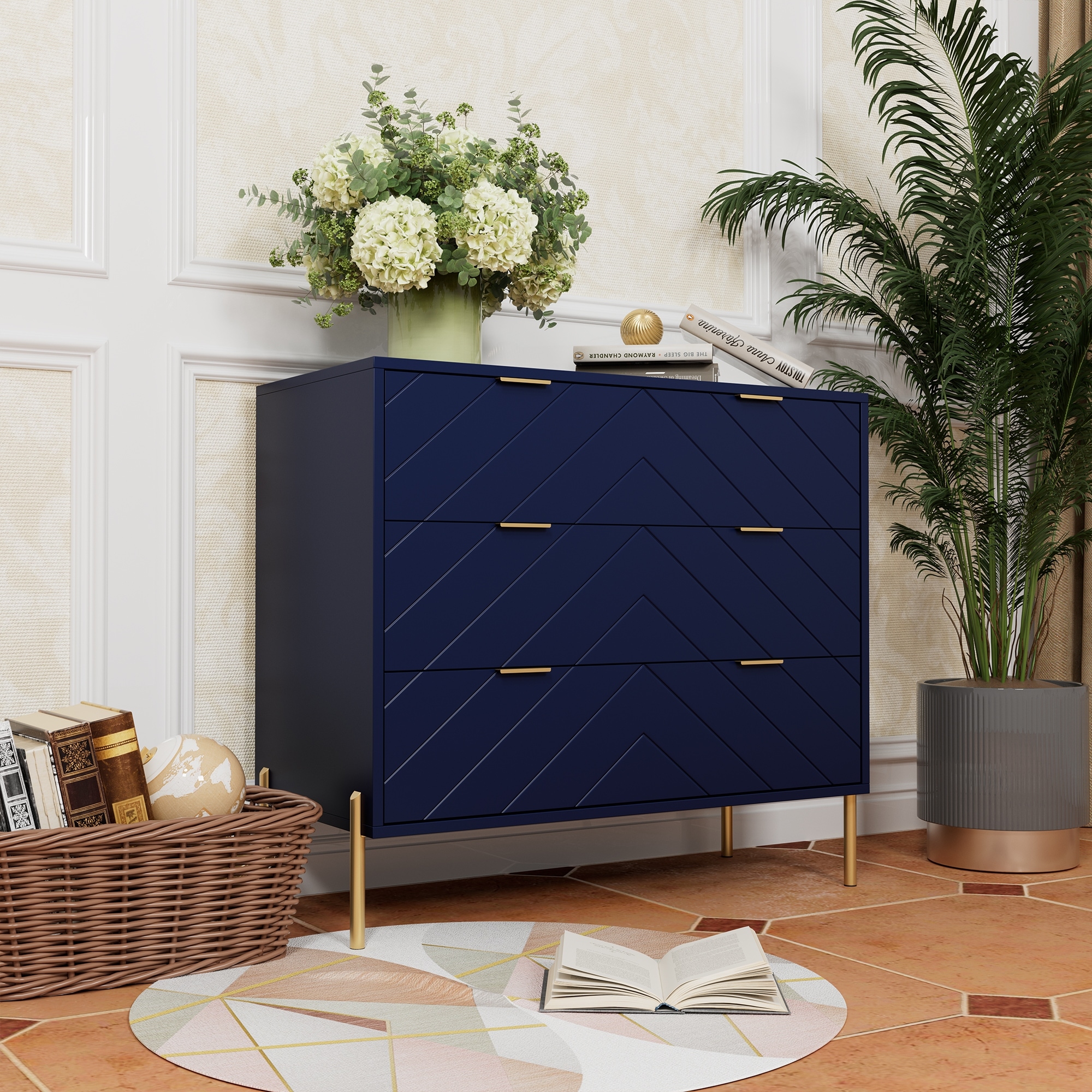 Clihome  3-Drawer Storage Chest Dresser for Bedroom Blue