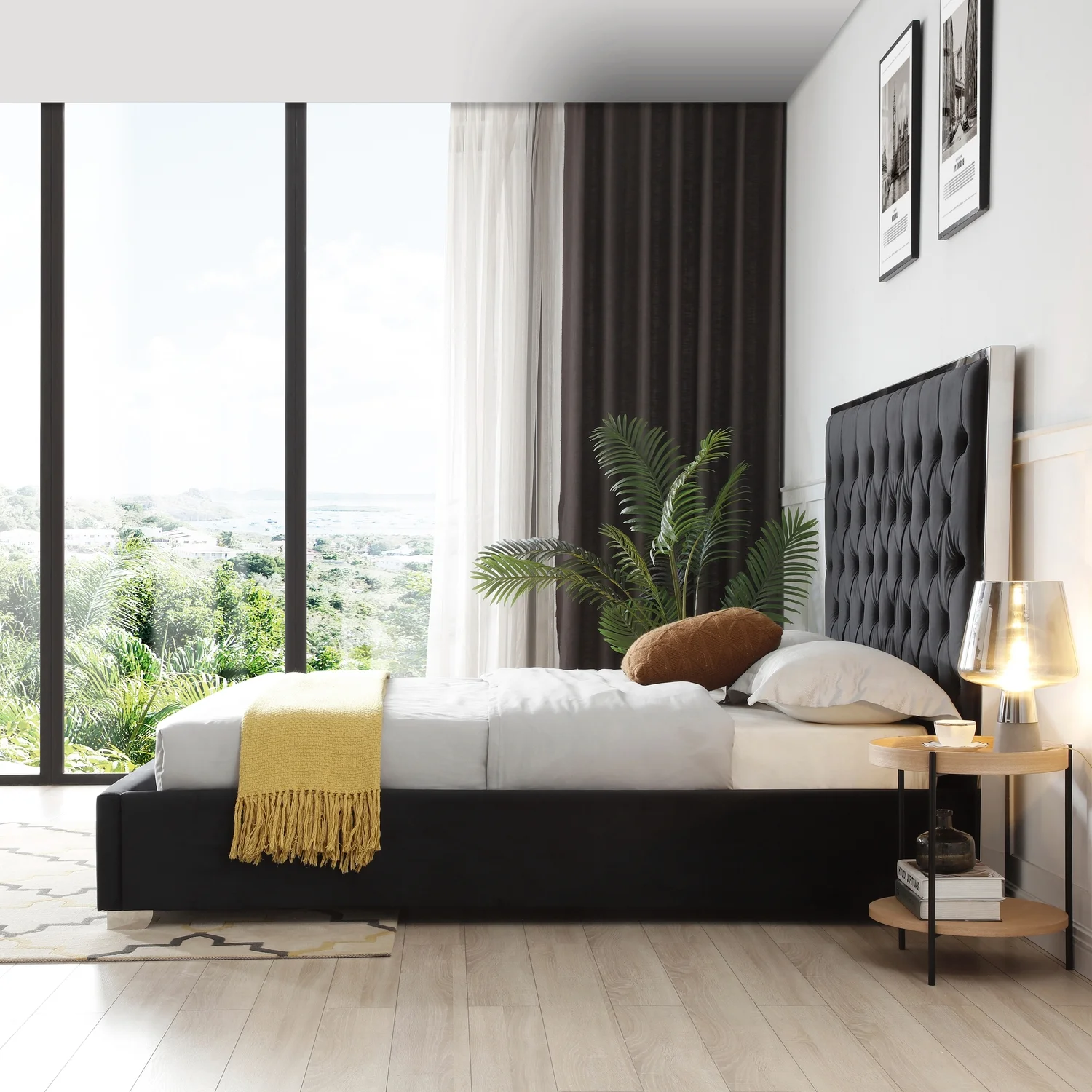 Better Home Products Sophia Velvet King Bed with Silver Metal Frame in Blue