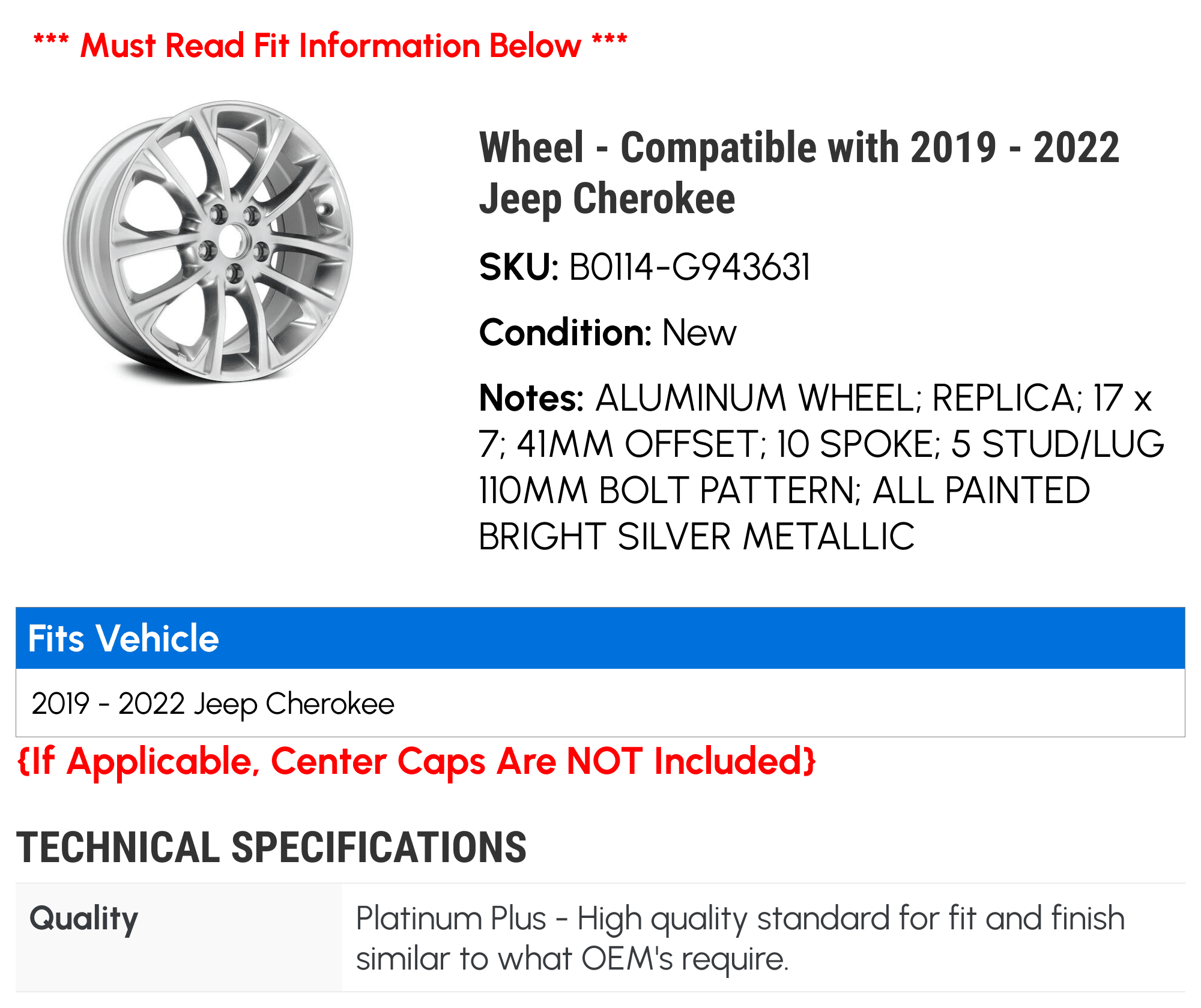 Wheel - Compatible with 2019 - 2022 Jeep Cherokee 2020 2021