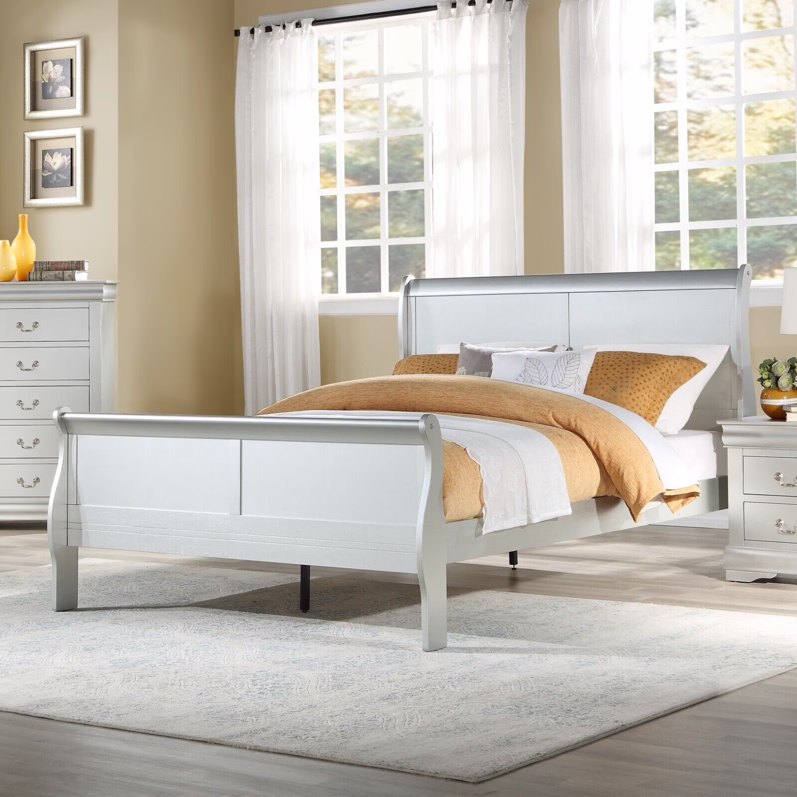 Louis Phillippe Full Bed 1pc Sleigh Panel Bed Platinum Finish Classic Wooden Furniture