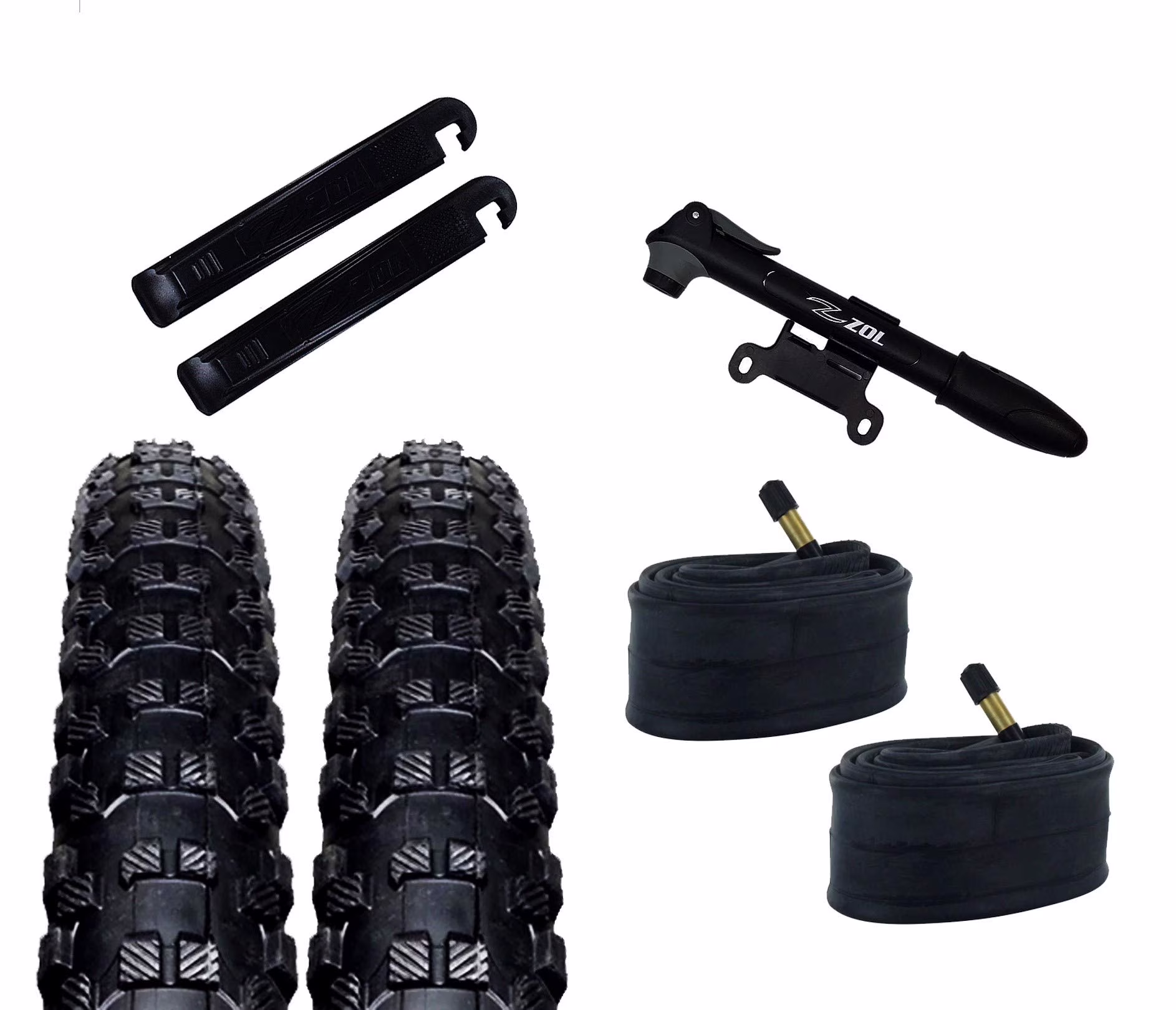 Zol Bundle Pack 2 Montagna MTB Tires, 2 Bike Tube 26x2.25, Presta/French 48 mm, 2 Tire Levers and 1 Zol Mini Pump