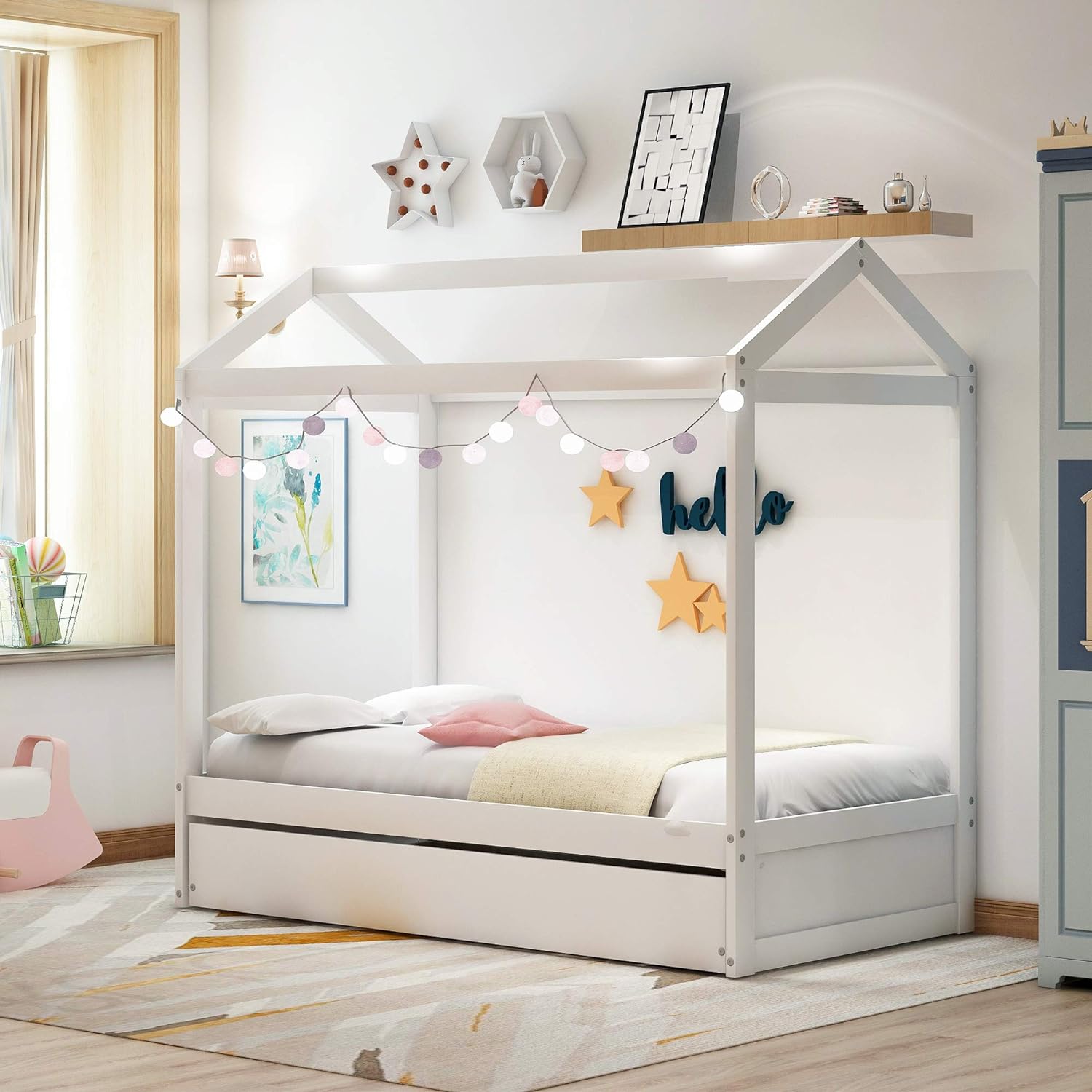 House Bed , Bed Frame With Trundle And Roof, Toddler Daybed , Children's Bed, No Box Spring Needed ,White
