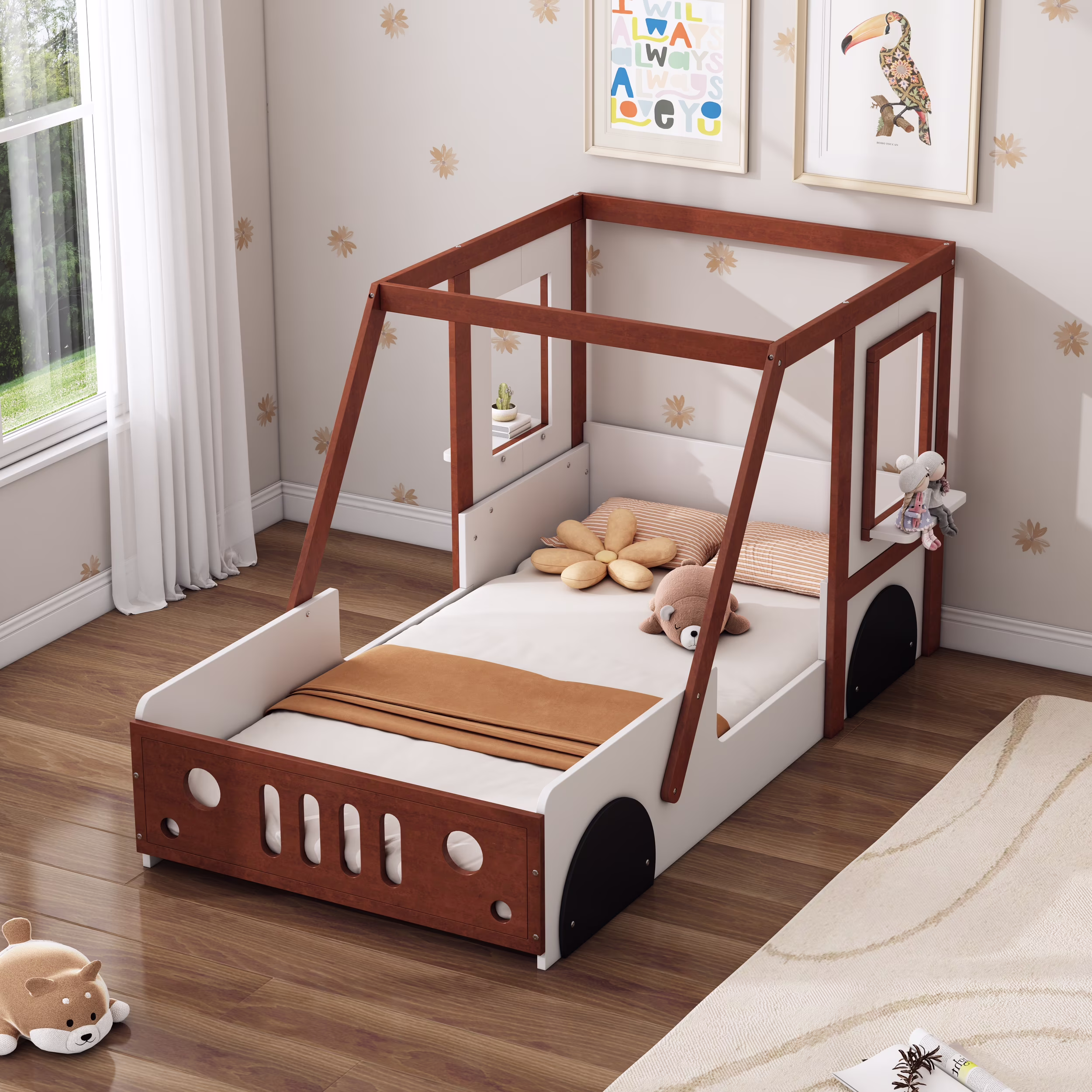 CoSoTower Fun Play Design Twin Size Car Bed, Kids Platform Bed in Car-Shaped for Kids Boys Girls Teens,White+ Orange