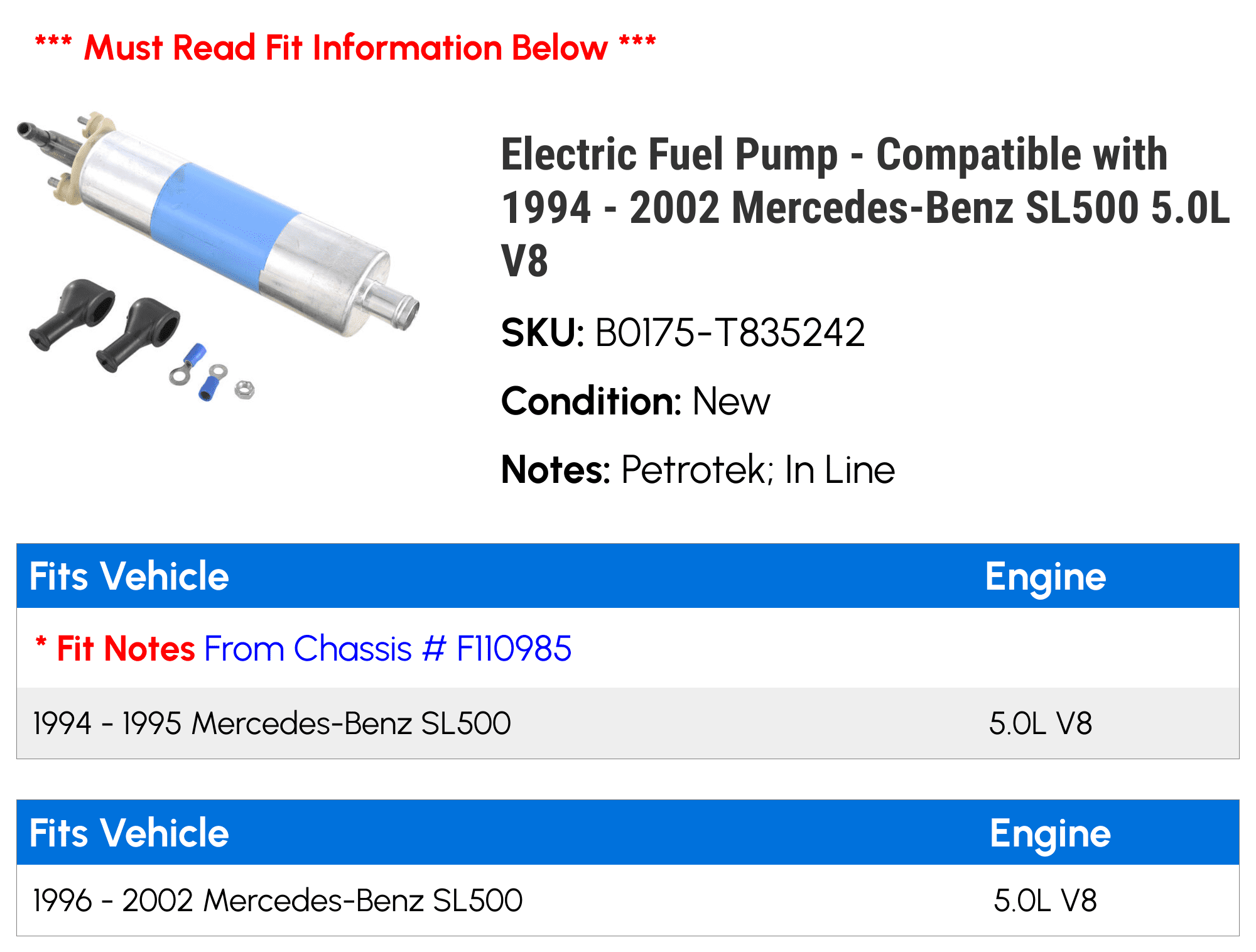 Electric Fuel Pump - Compatible with 1994 - 2002 Mercedes-Benz SL500 5.0L V8 1995 1996 1997 1998 1999 2000 2001
