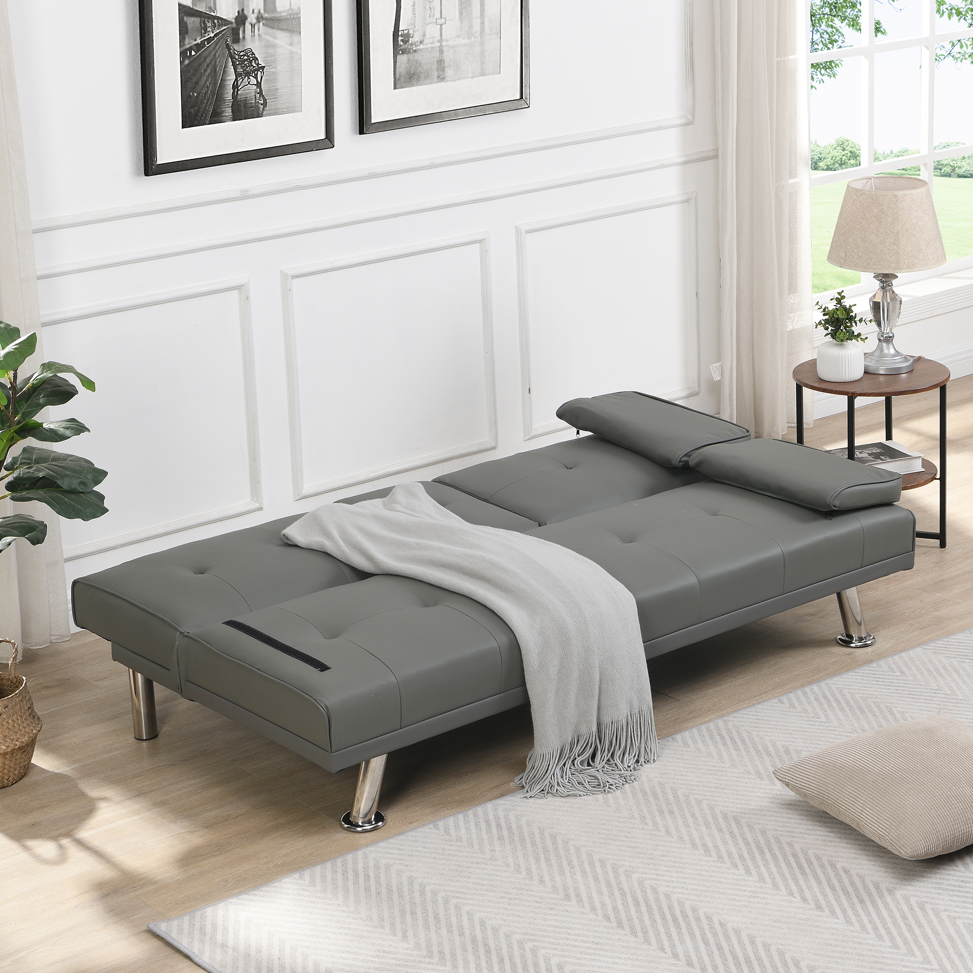 sofa bed with Armrest two holders WOOD FRAME, STAINLESS LEG, FUTON GREY PVC