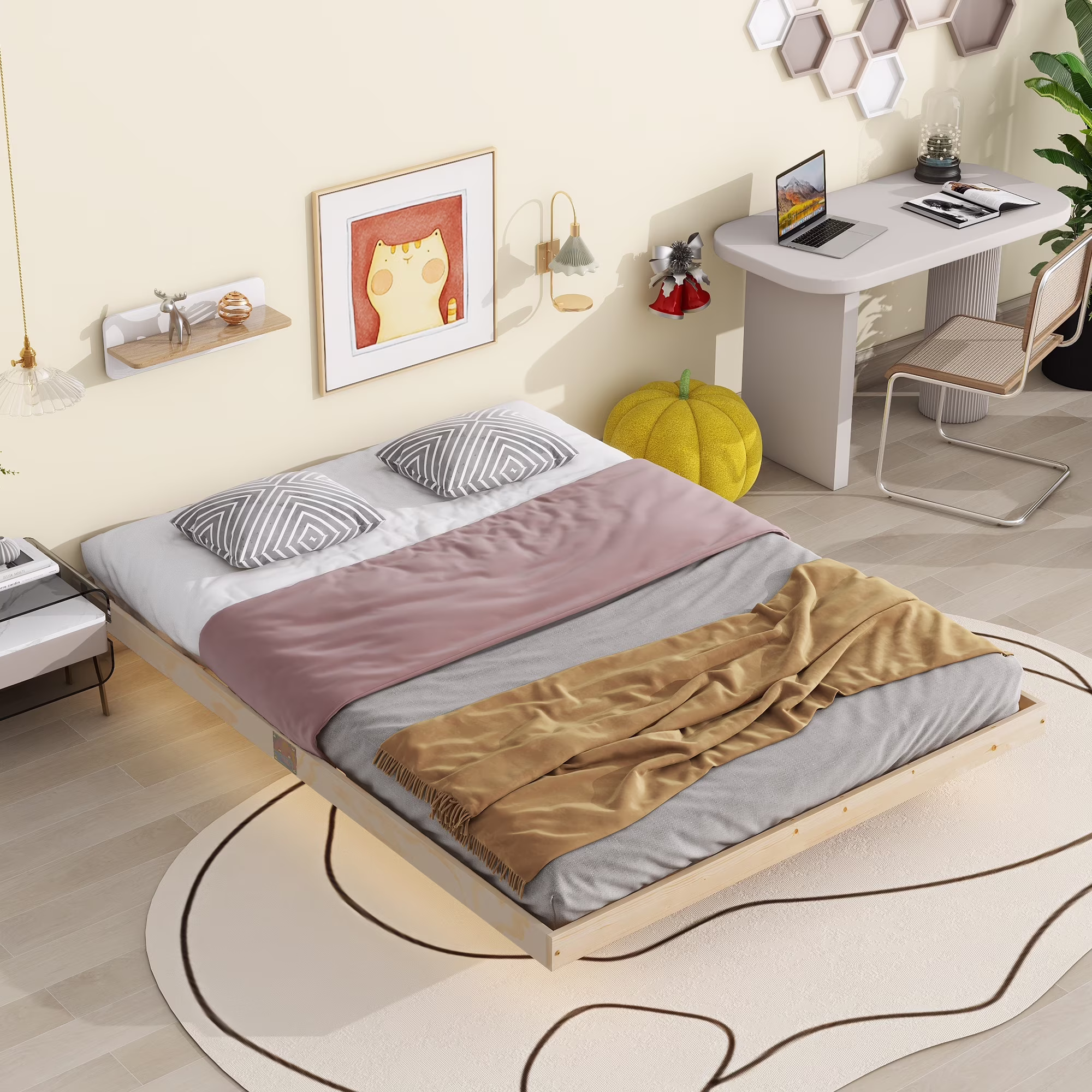 CoSoTower Queen Size Floating Bed with LED Lights Underneath,Modern Queen Size Low Profile Platform Bed with LED Lights,Natural