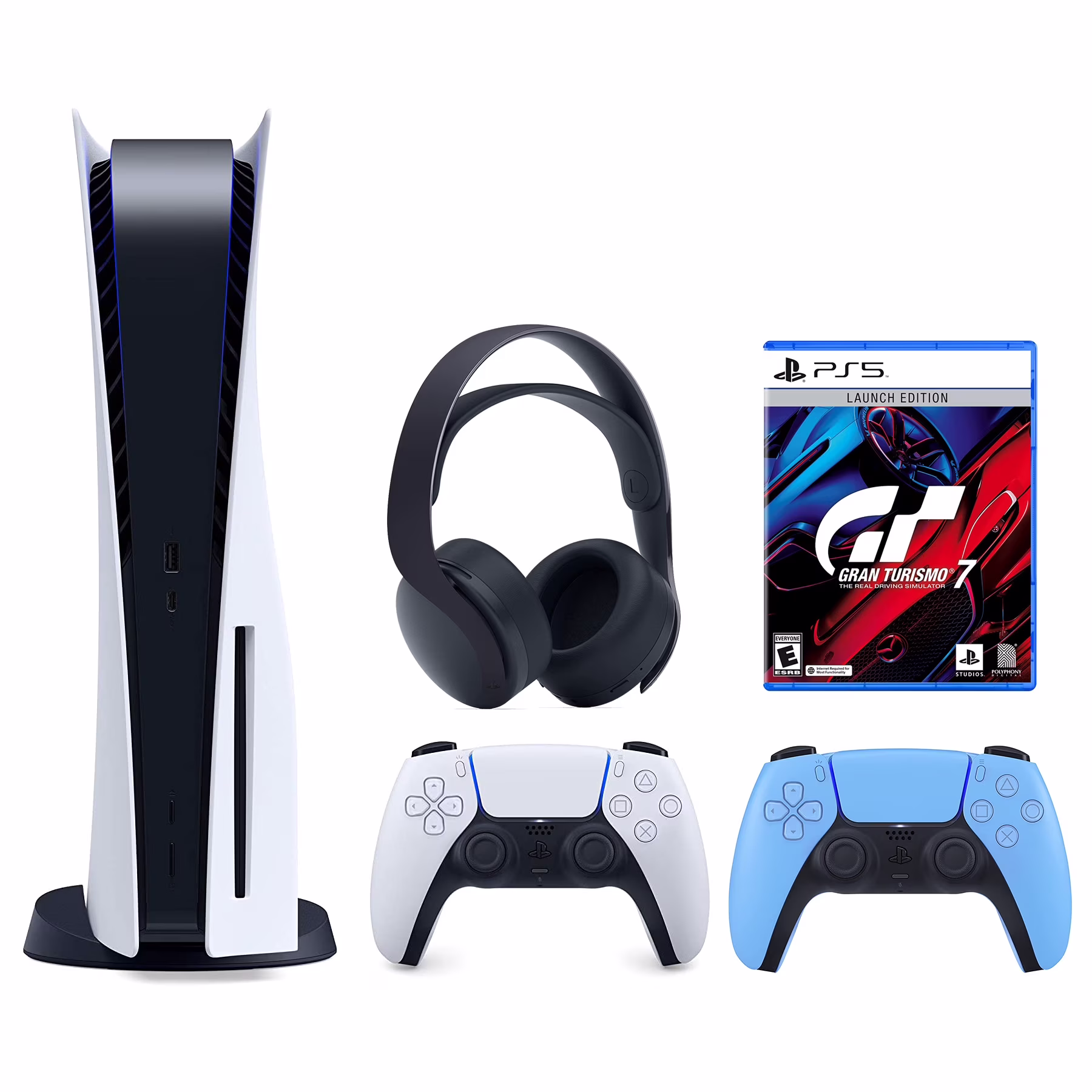 Sony Playstation 5 Disc (PS5 Disc) with Extra Blue Controller, Gran Turismo 7 Launch Edition and Black PULSE 3D Headset Bundle