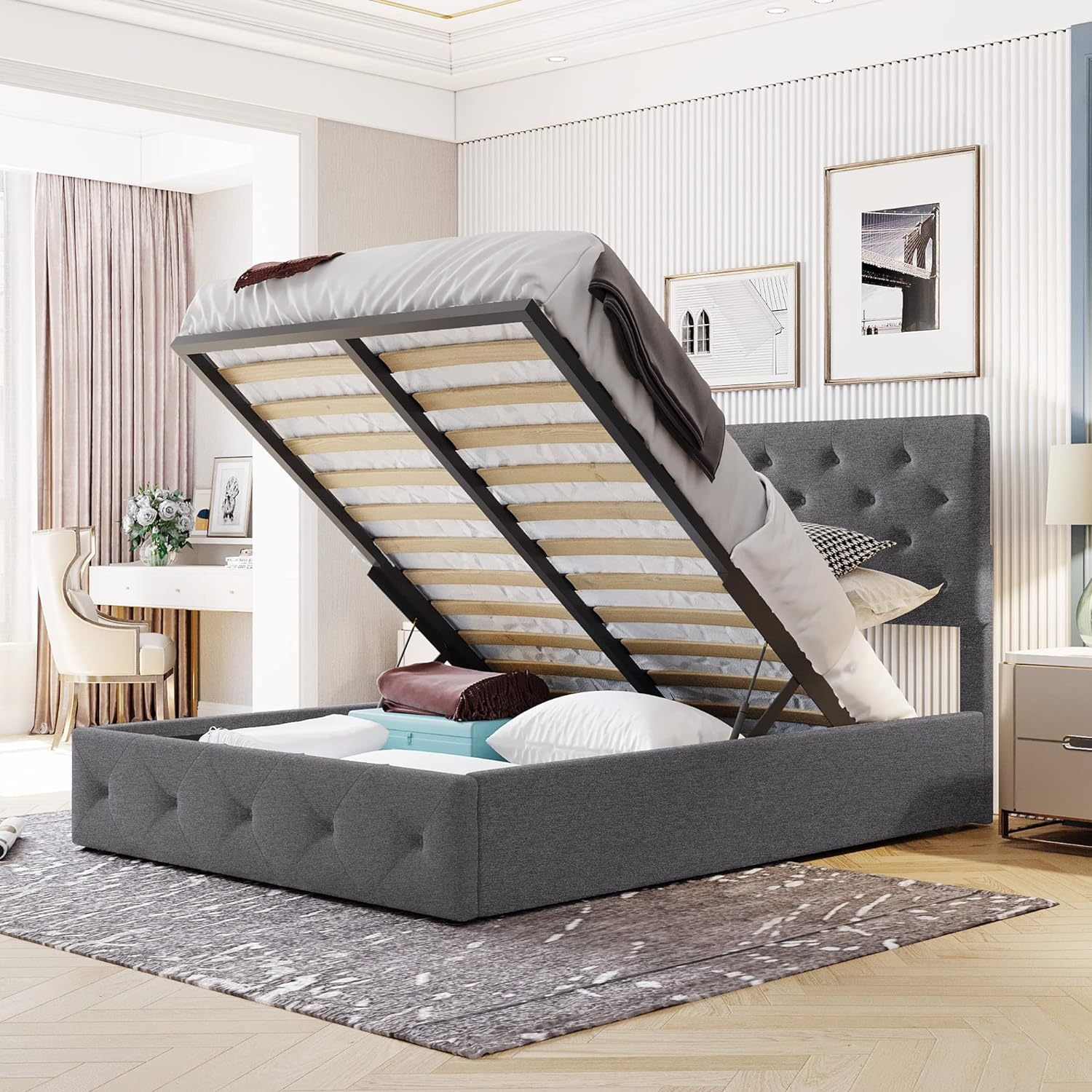 Full Size Upholstered Platform Bed With Storage Underneath, Full Bed Frame With Gas Lift Up Storage, Lift Storage Bed, Grey