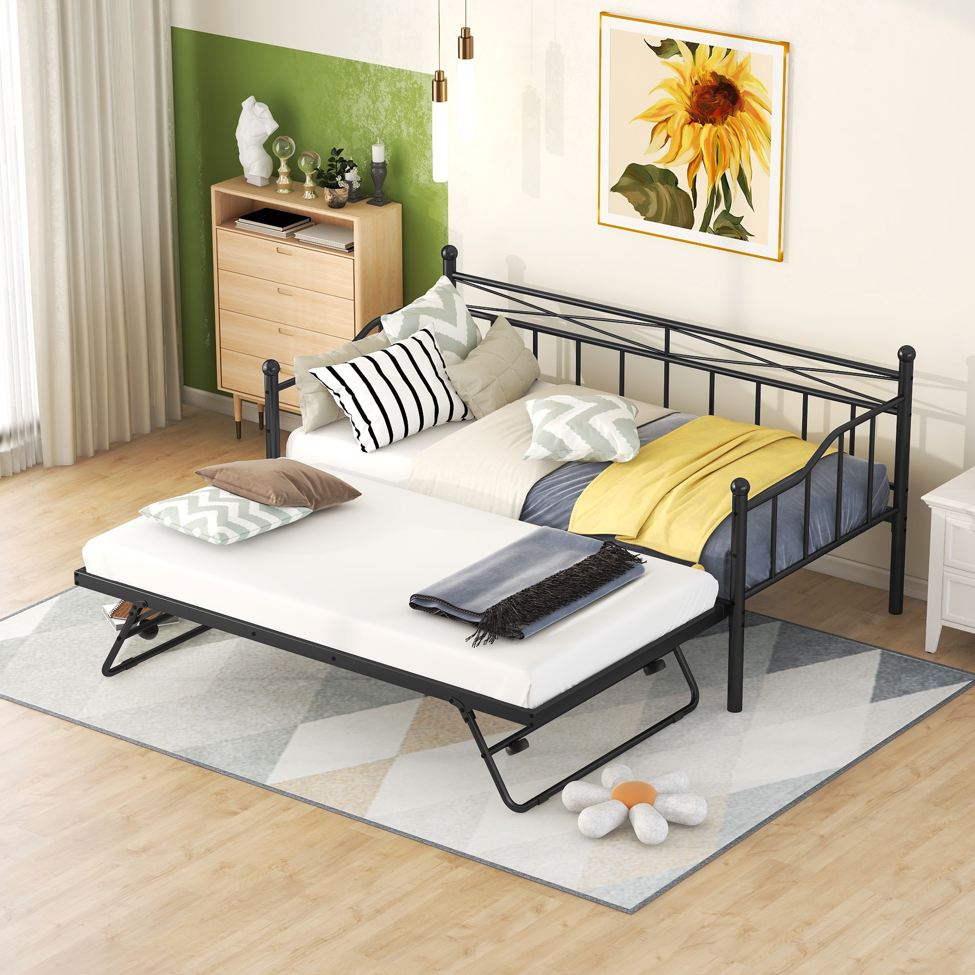 CoSoTower Twin Size Metal Daybed with Twin Size Adjustable Trundle, Portable Folding Trundle, Black