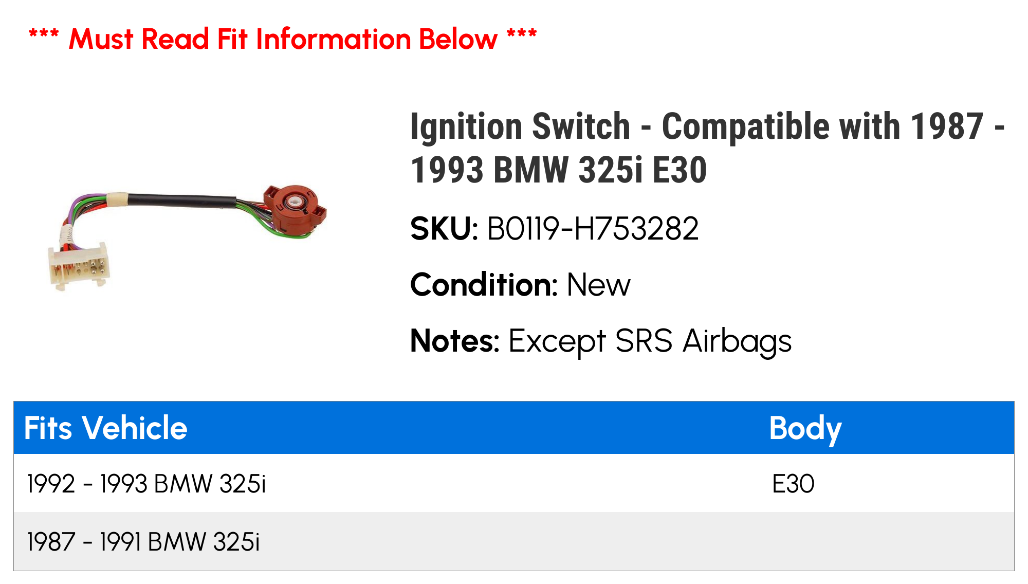 Ignition Switch - Compatible with 1987 - 1993 BMW 325i E30 1988 1989 1990 1991 1992