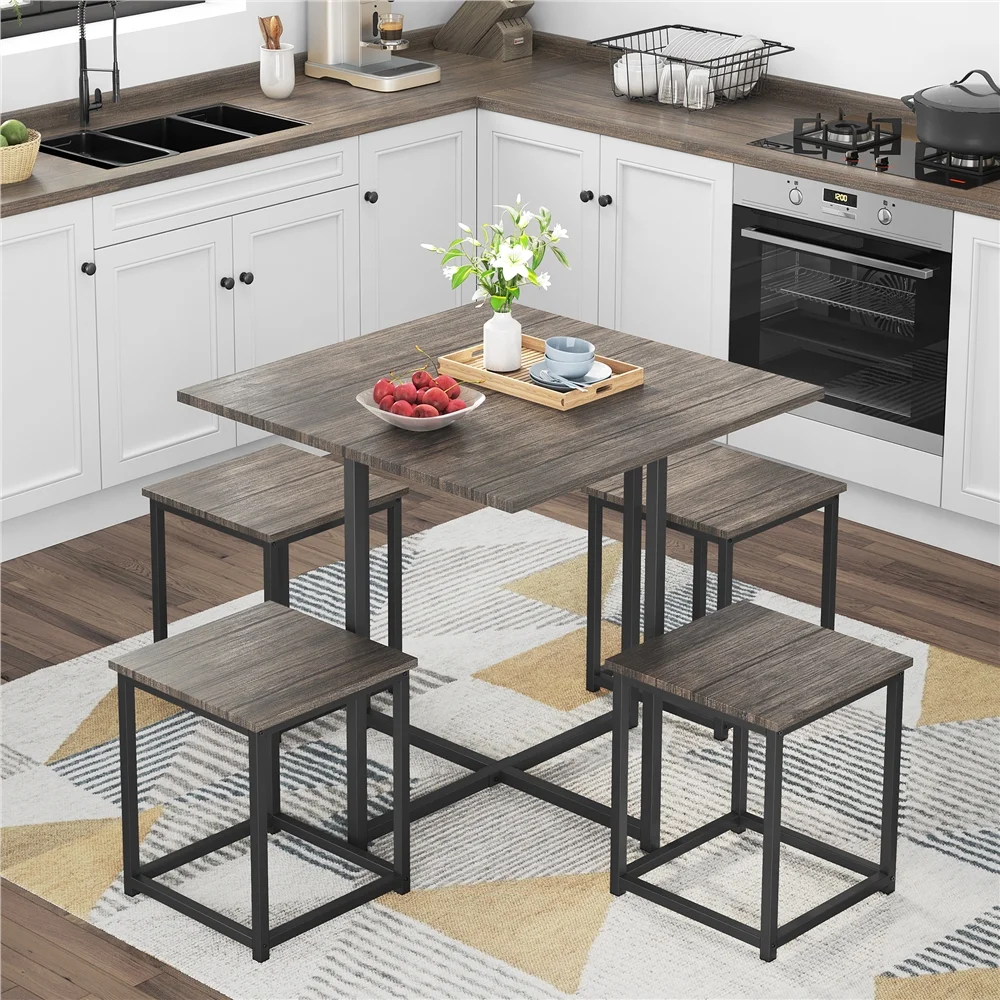 Topeakmart 5-Piece Industrial Dining Set with Square Table, 4 Backless Stools, Drift Brown
