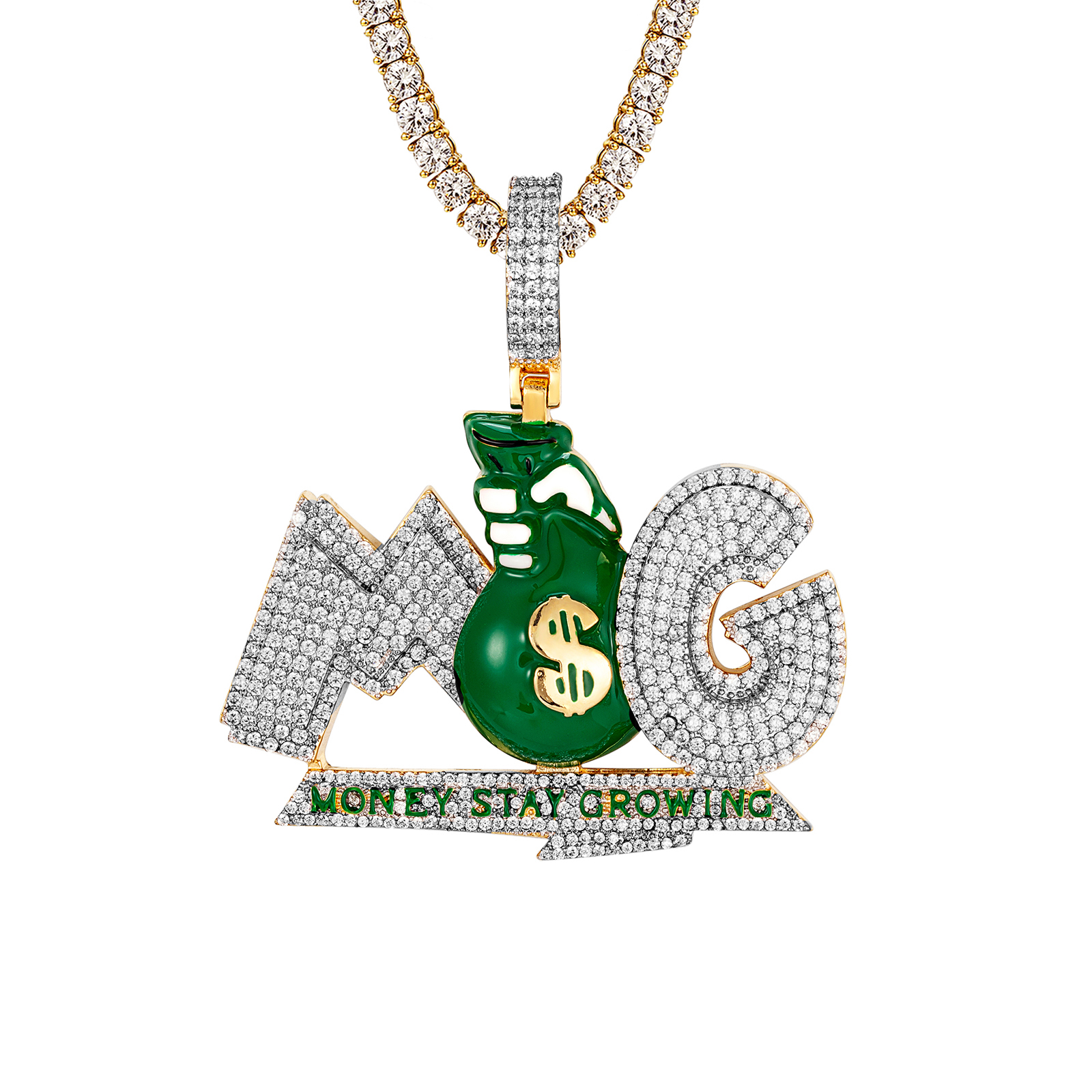 Mens Money Stay Growing Dollar Bag Micro Pave Iced Out Custom Hip Hop Pendant 14K Yellow Gold Tone Tennis Chain