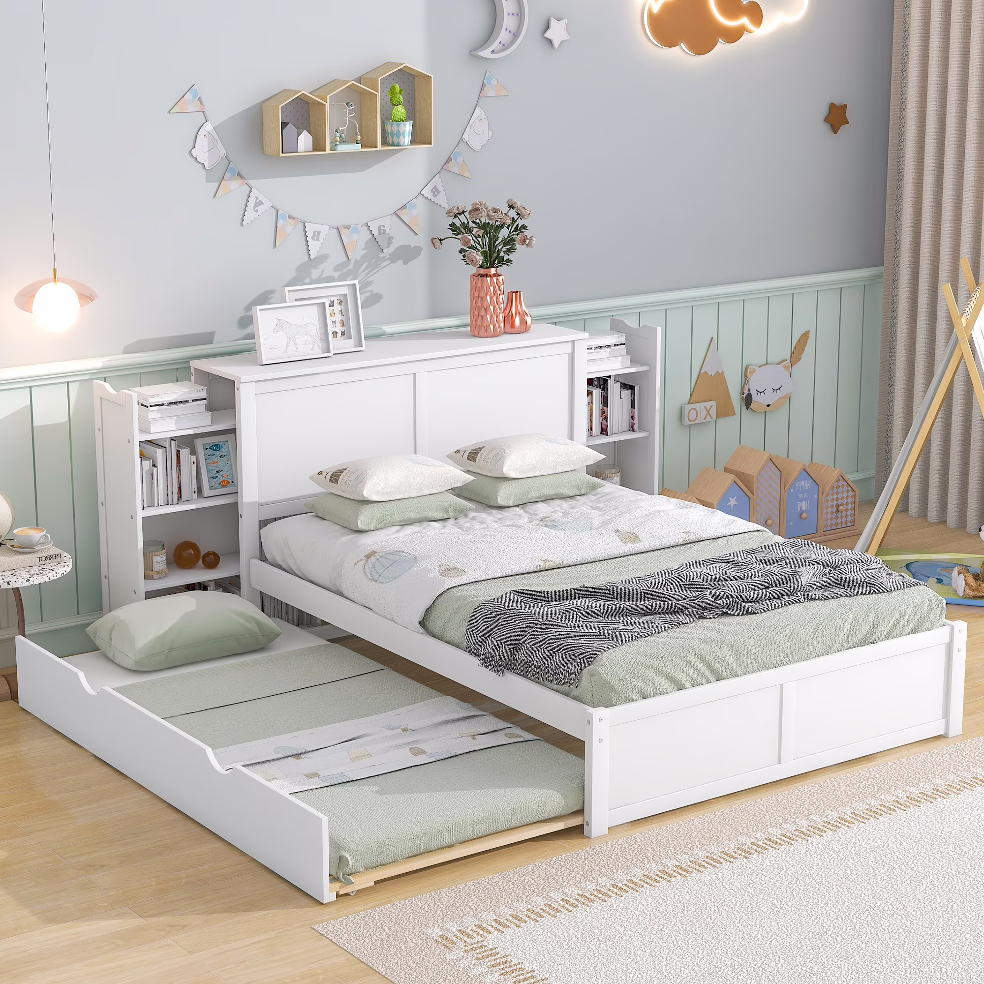 CoSoTower Full Size Storage Platform Bed with Pull Out Shelves and Twin Size Trundle, White