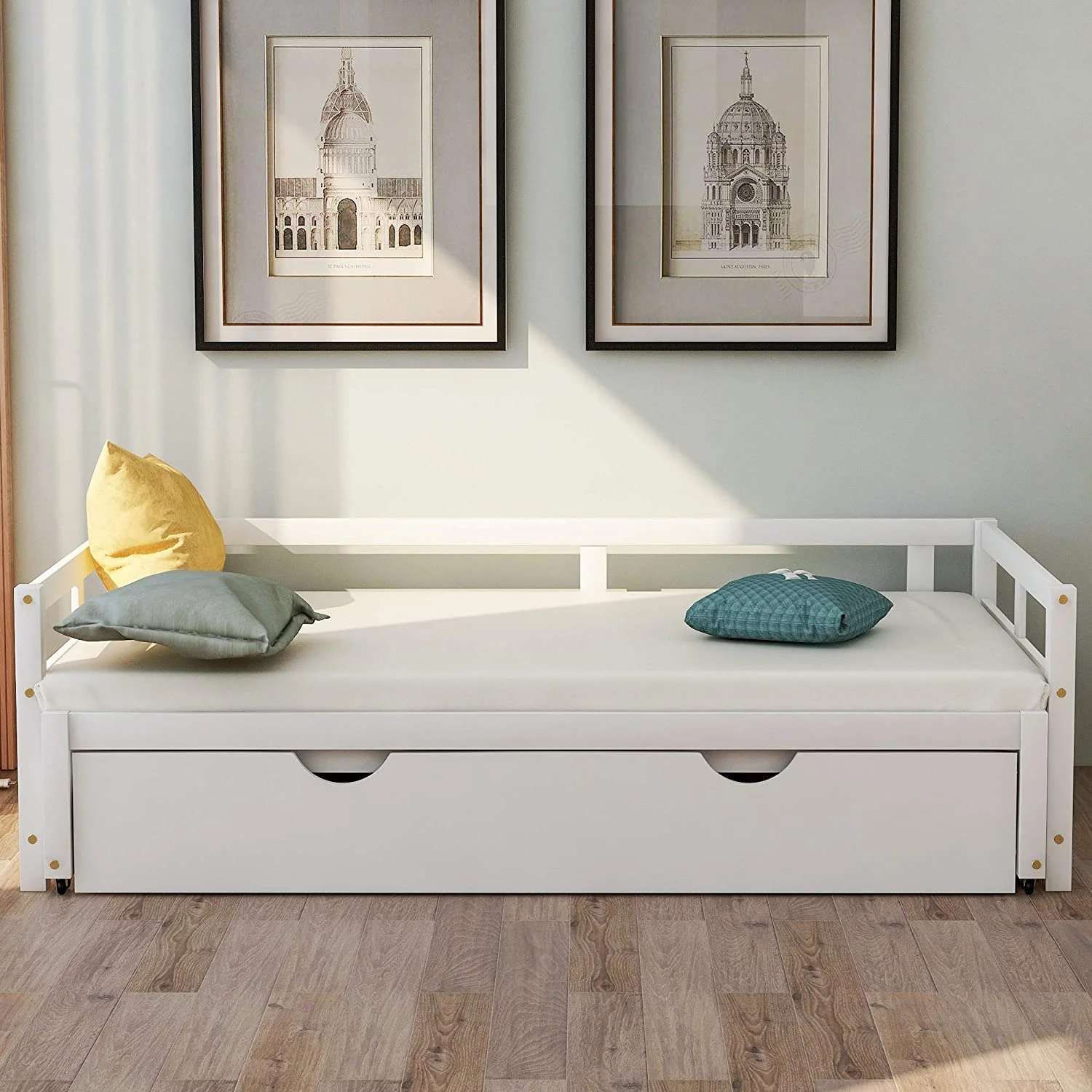 Extendable Daybed With Trundle Bed, Wood Daybed Frame With Pull Out Trundle, To King Design Extending Daybed For Kids Girls Boys Teens Adults, No Box Spring Required, White