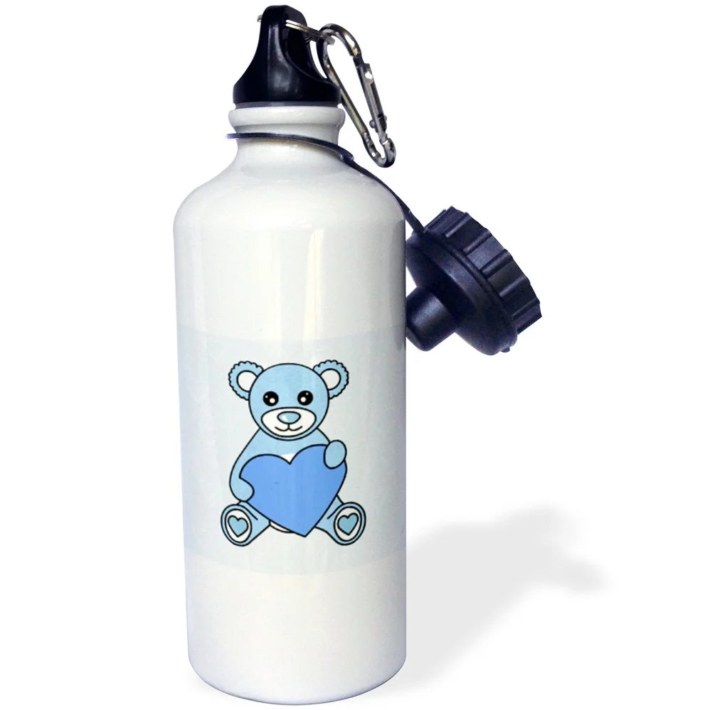 3dRose Valentines Day Cute Blue Teddy Bear Holding Heart, Sports Water Bottle, 21oz