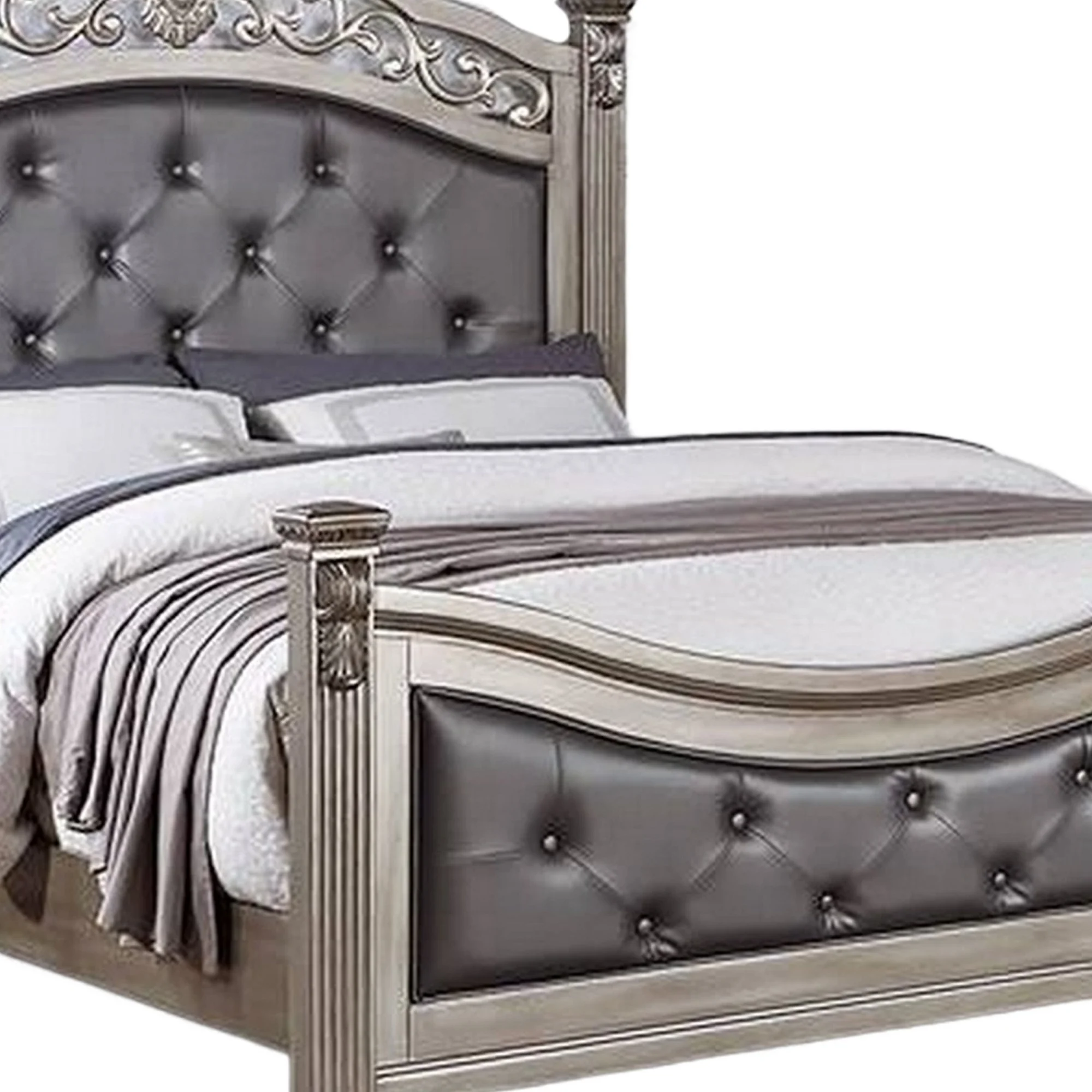 Benjara Jax Traditional Queen Size Bed, Tufted Upholstered Headboard, Champagne