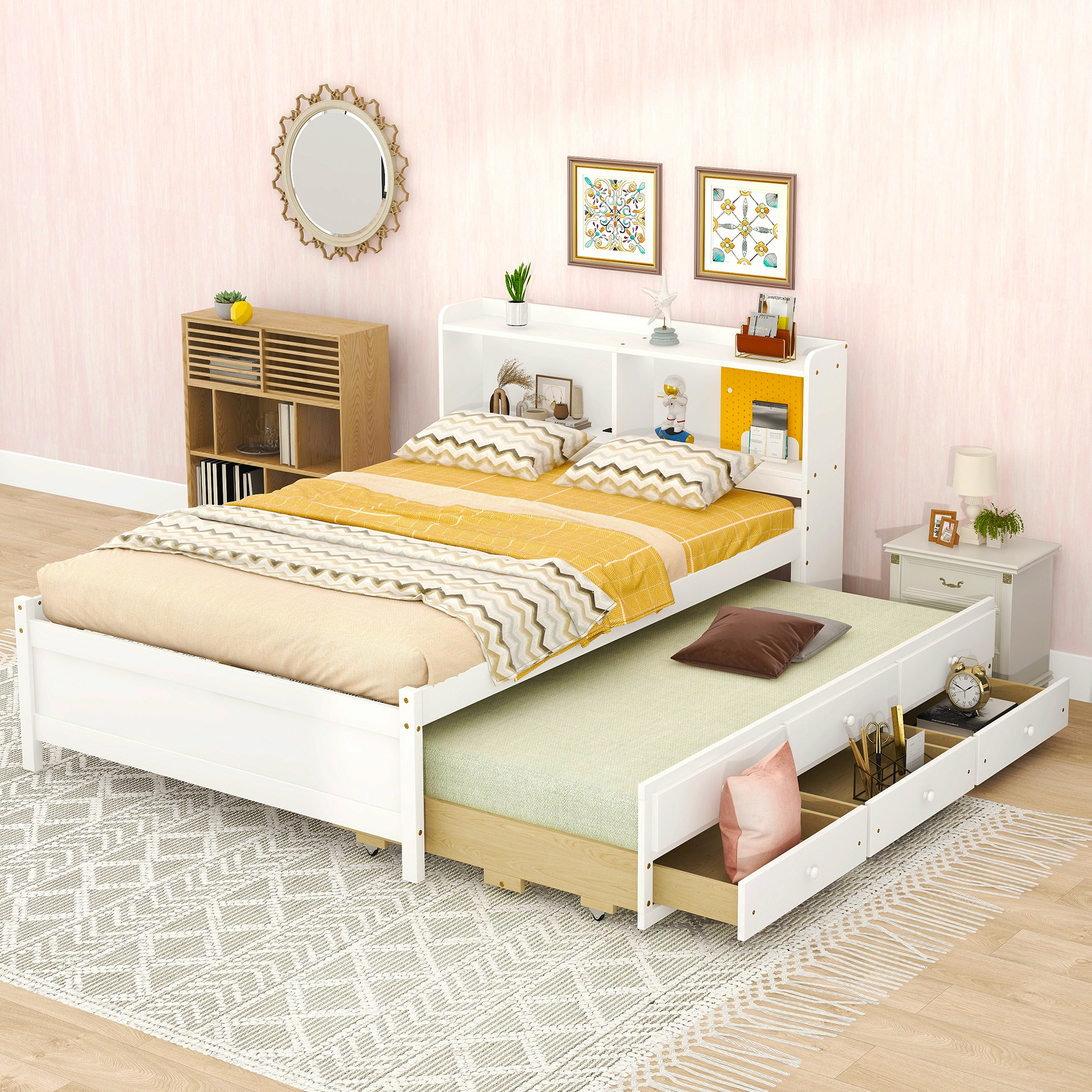 Bellemave Full Size Bed with Trundle and Drawers, Wooden Platform Bed with Bookcase Headboard, USB Ports Outlets and LED Light, Full Storage Bed for Kids Teens Adults (White)