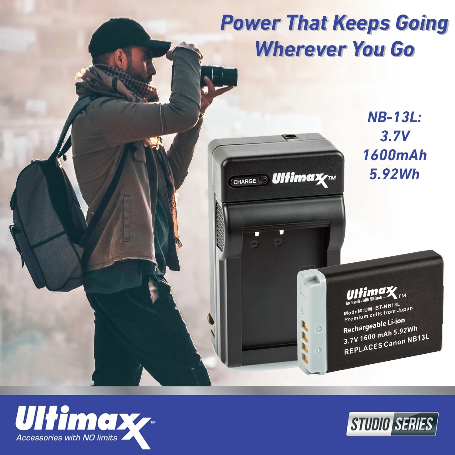 Ultimaxx 2x NB-13L Extended Life Batteries (1600 mAh) with AC/DC Rapid Travel Charger with Car & EU Adapters