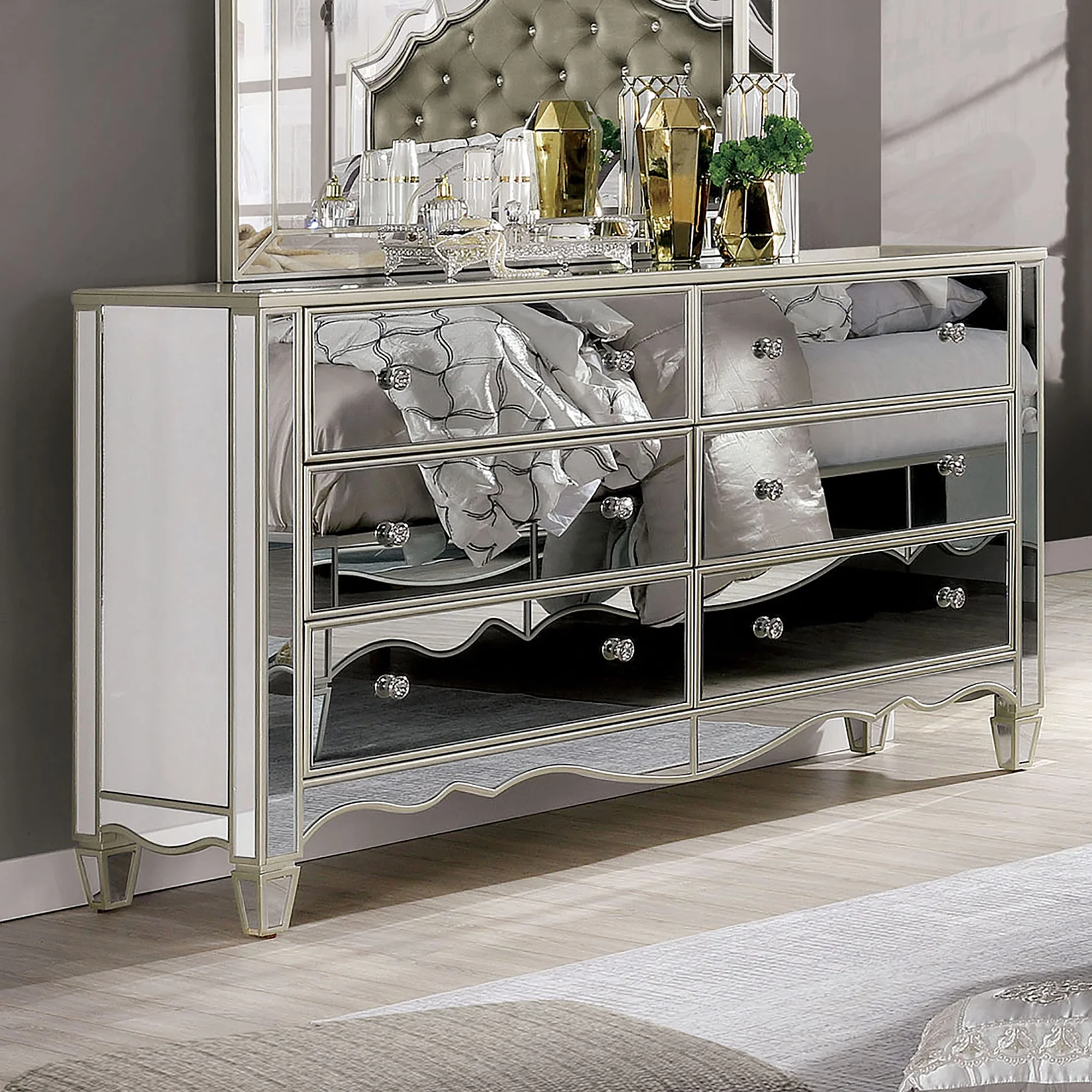 24/7 Shop At Home Mezza Mirrored 6-Drawer Bedroom Dresser in Silver