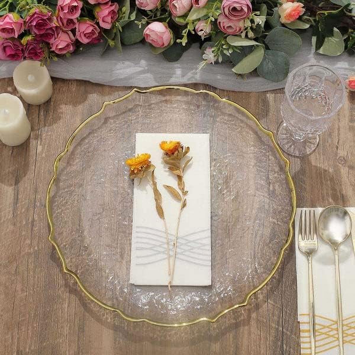 SPBOOMlife TABLECLOTHSFACTORY 8 Pack | 13" Clear Glass Metallic Gold Scallop Edged Charger Plates For Events Table Decoration for Home & Professional Fine Dining  Catering  Dinner