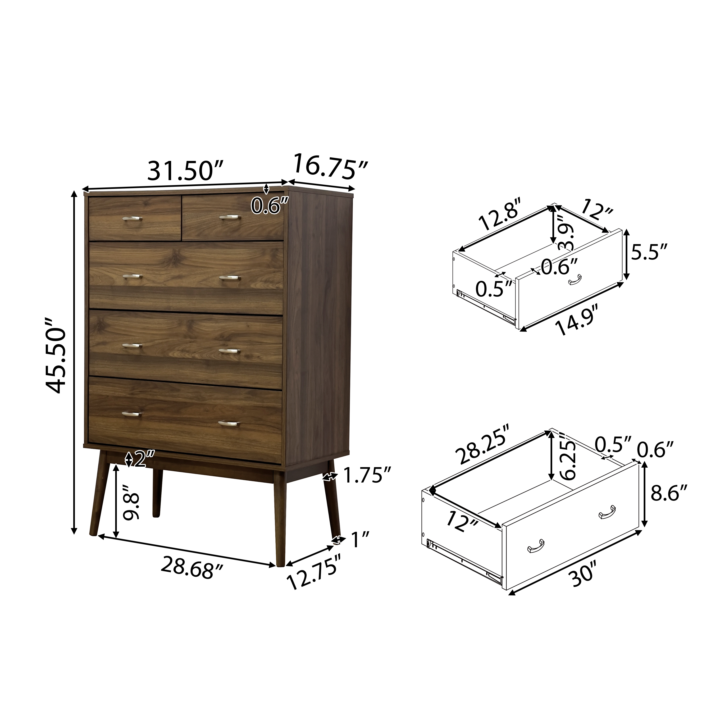 GDF Studio Wilbur Mid Century Wooden 3 Piece 5 Drawer Dresser and Nightstand Bedroom Set, Columbia Walnut