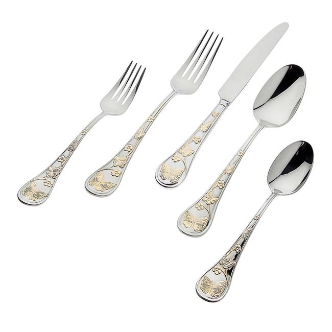 Godinger  Butterfly Sandblast 18-10 Stainless Steel Flatware Set, Gold Plated - 20 Piece