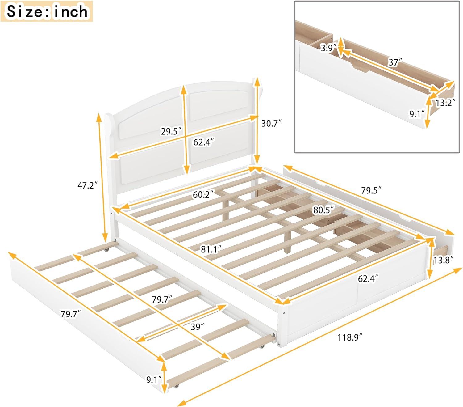 Multifunctional Design Queen Size Platform Bed with 2 Drawers and Twin Size Trundle,Wooden Bed Frame with Headboard and Slats,for Bedroom