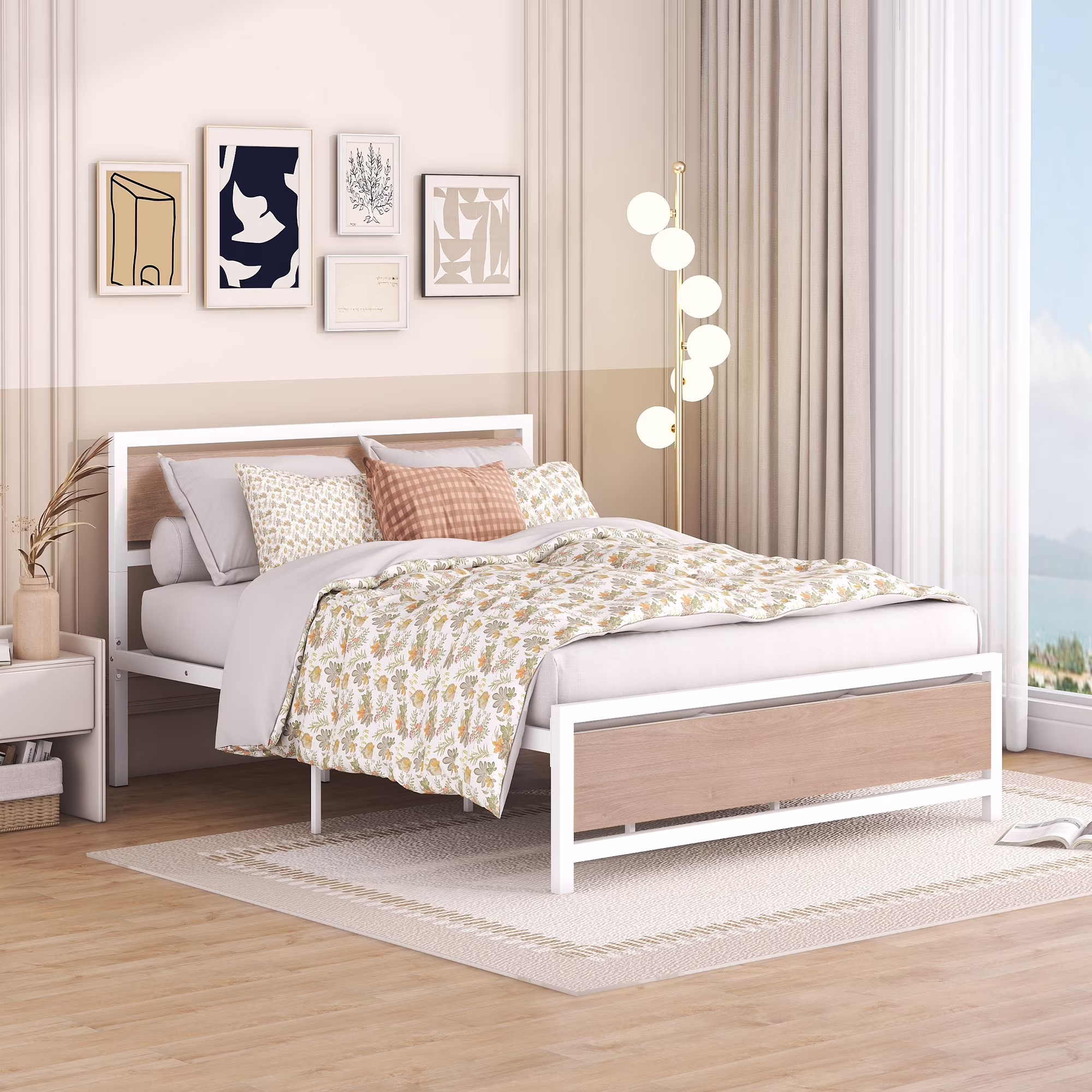 CoSoTower Queen Size Platform Bed, Metal and Wood Bed Frame with Headboard and Footboard , White