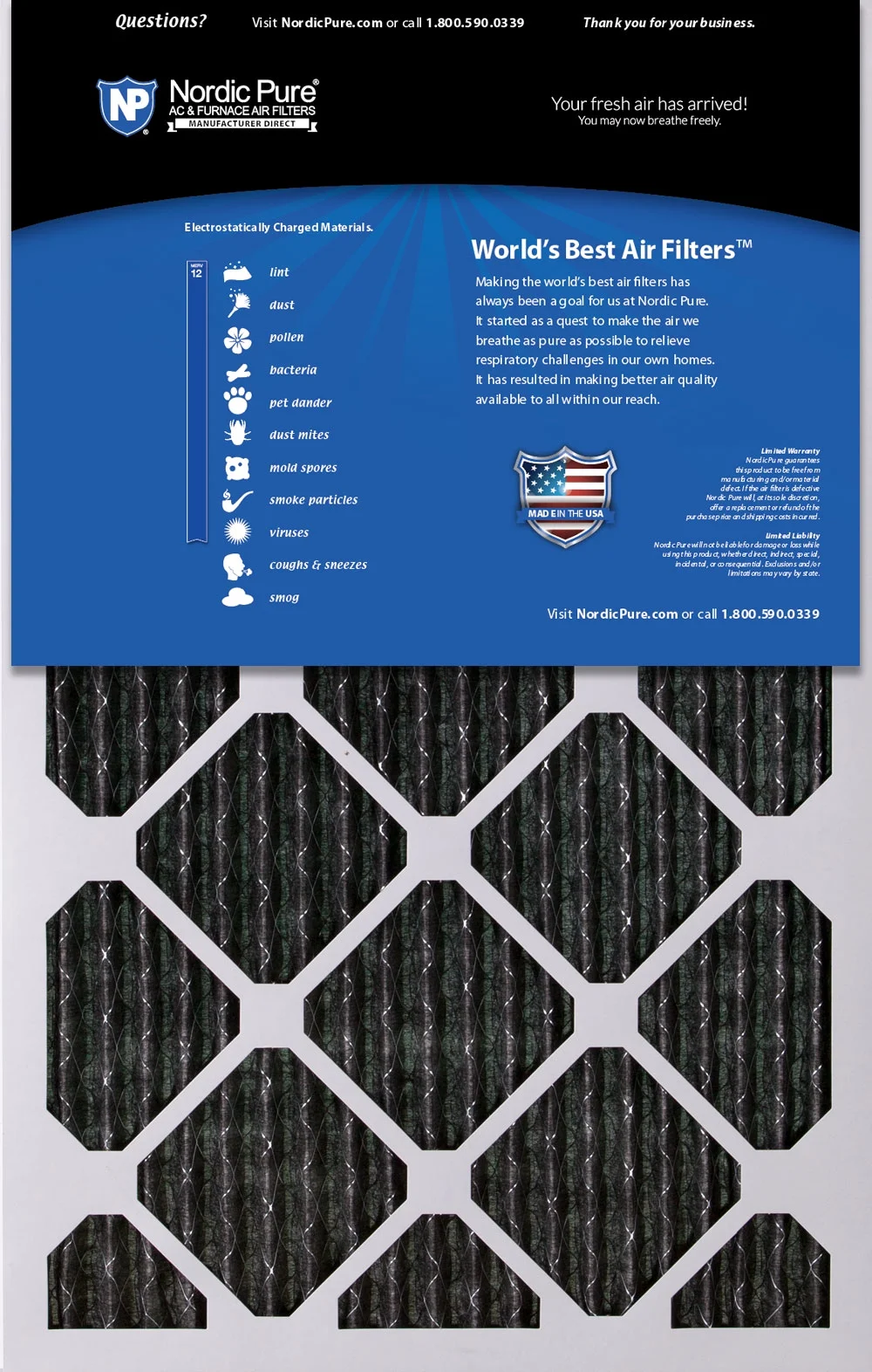 16x25x1 (15_1/2x24_1/2) Furnace Air Filters MERV 12 Pleated Plus Carbon 6 Pack