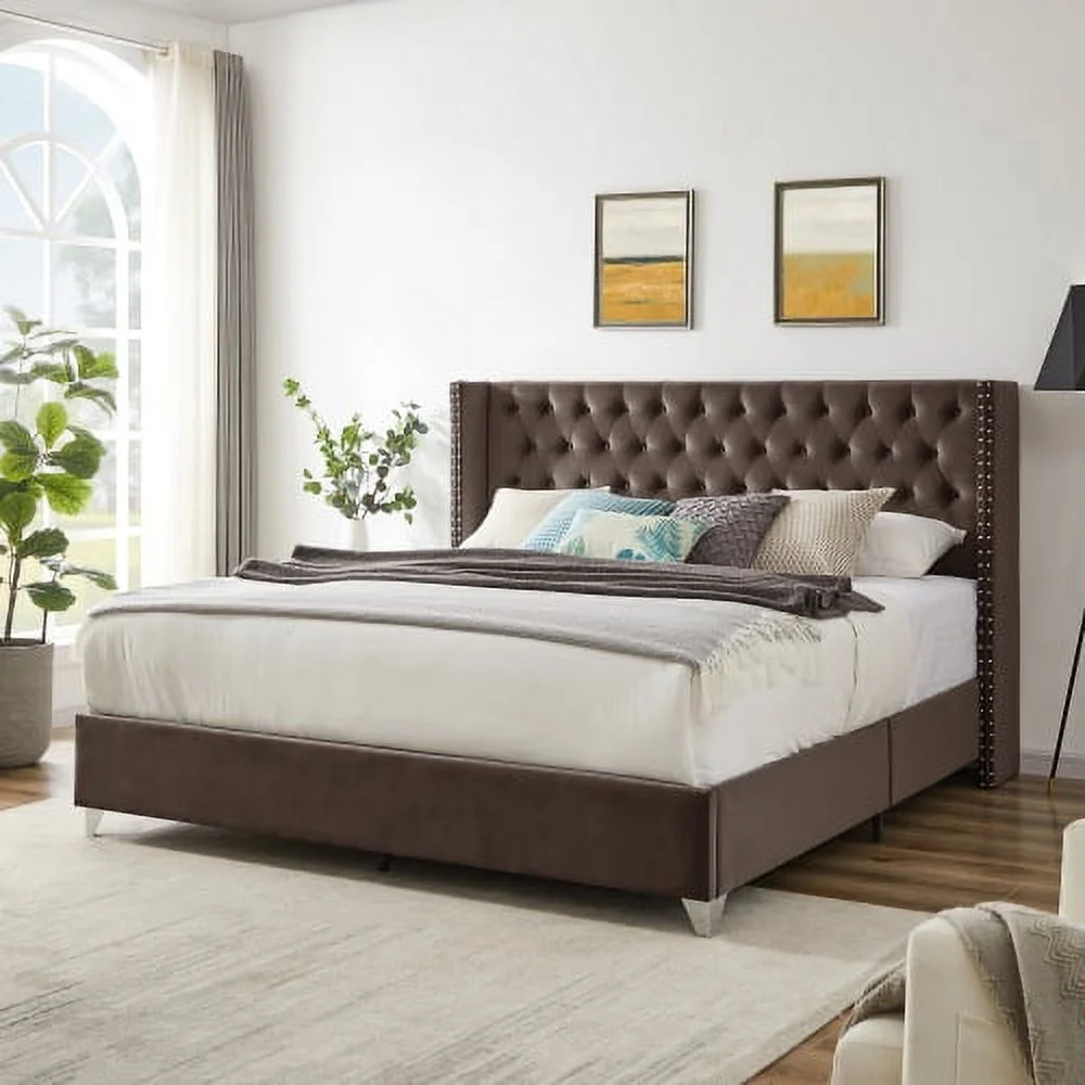 King Bed, Button Designed Headboard,Strong Wooden Slats + Metal Legs With Electroplate