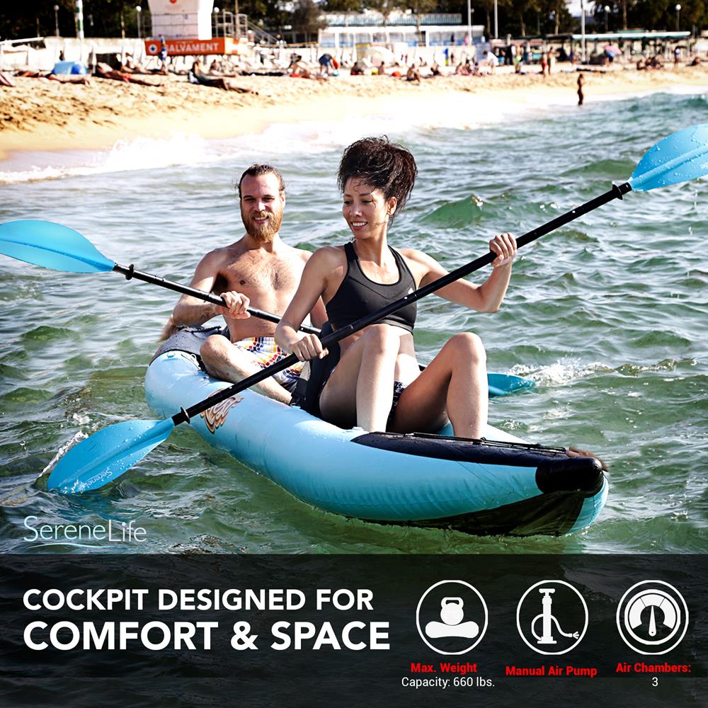 SereneLife 2 Person Inflatable Kayak - Double Kayak with Aluminum Paddles, Repair Kit - Aqua