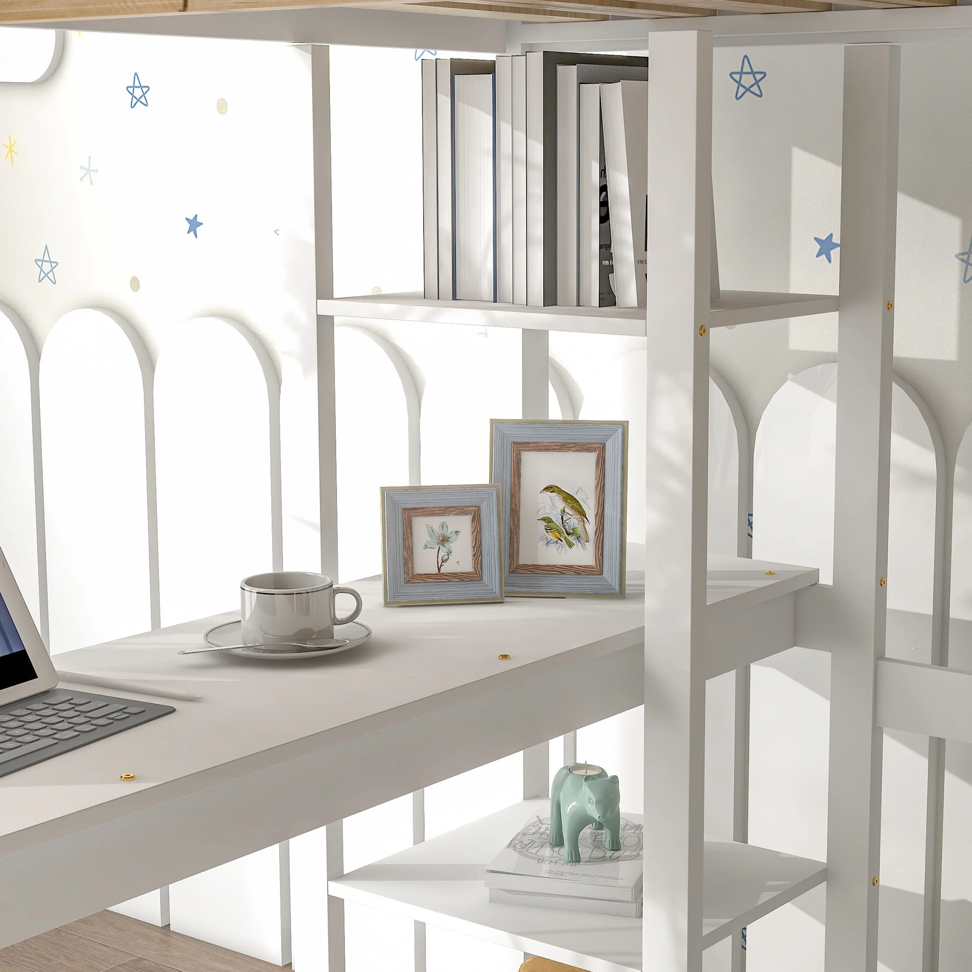 Docooler Full Loft Bed with Desk and Shelves,White
